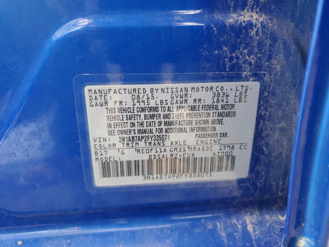 2015 Nissan Sentra Sr Blue vin: 3N1AB7AP2FY335071