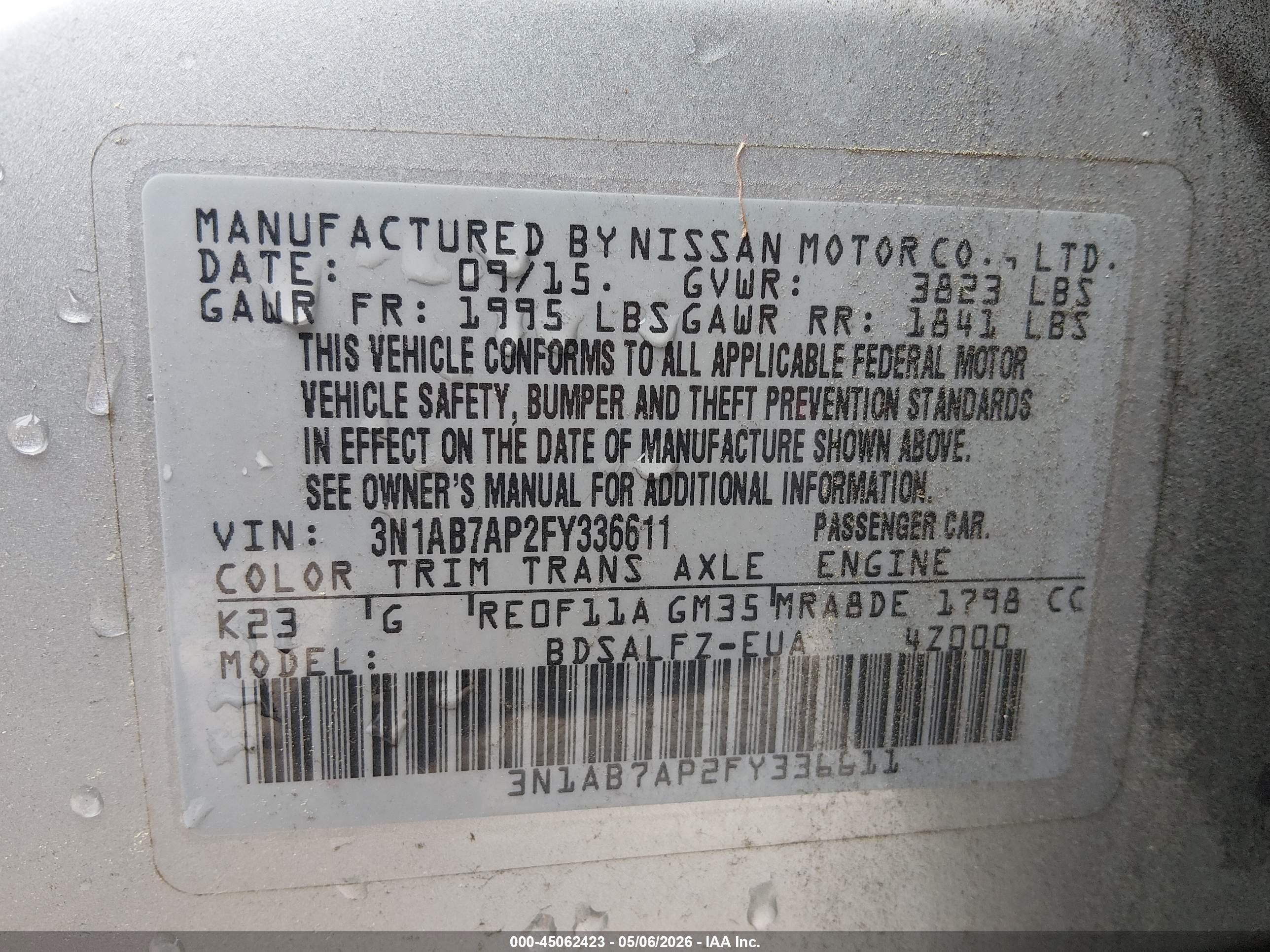 2015 Nissan Sentra Fe+ S Silver vin: 3N1AB7AP2FY336611