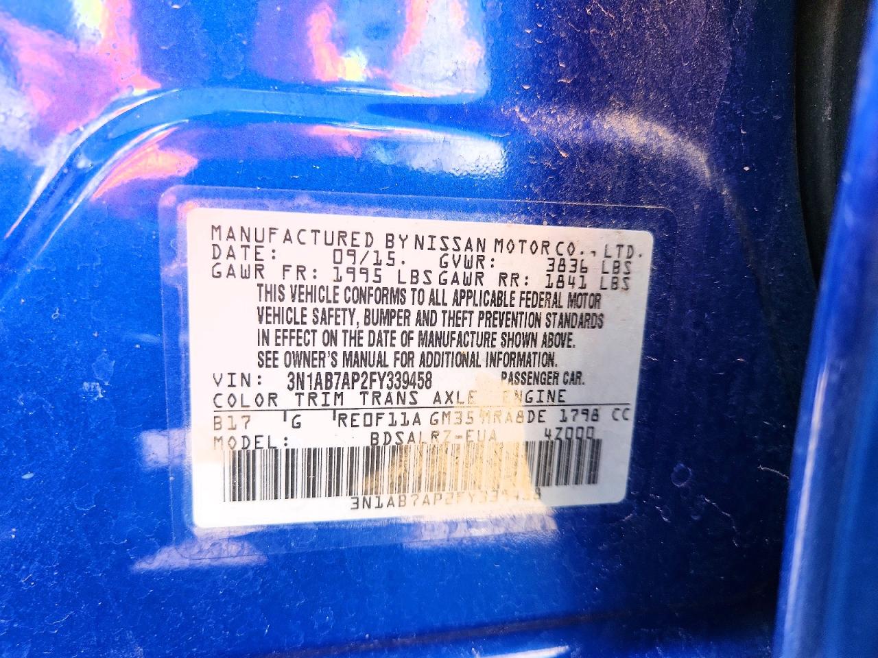 2015 Nissan Sentra Sr Blue vin: 3N1AB7AP2FY339458