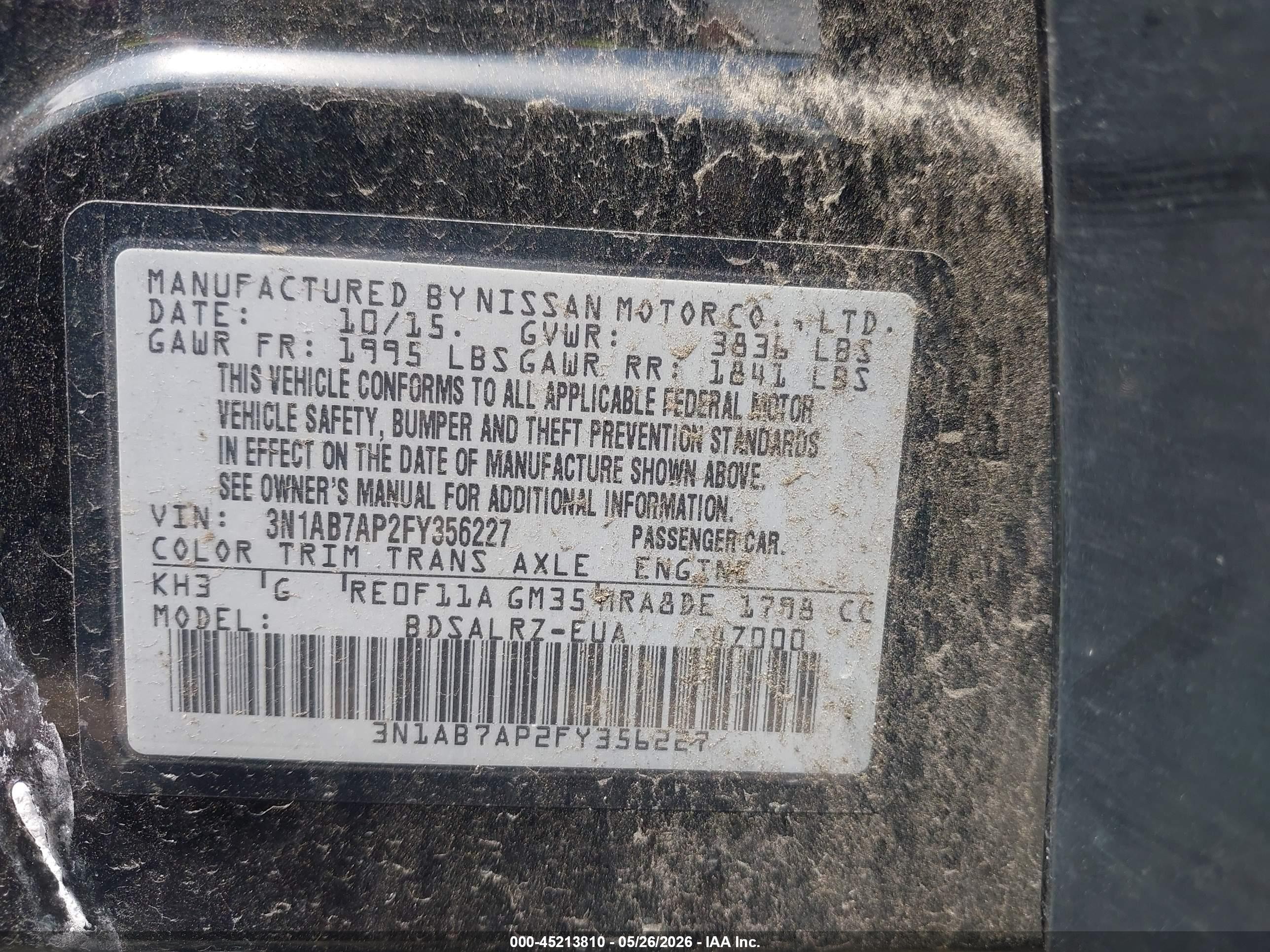2015 Nissan Sentra Sr Black vin: 3N1AB7AP2FY356227