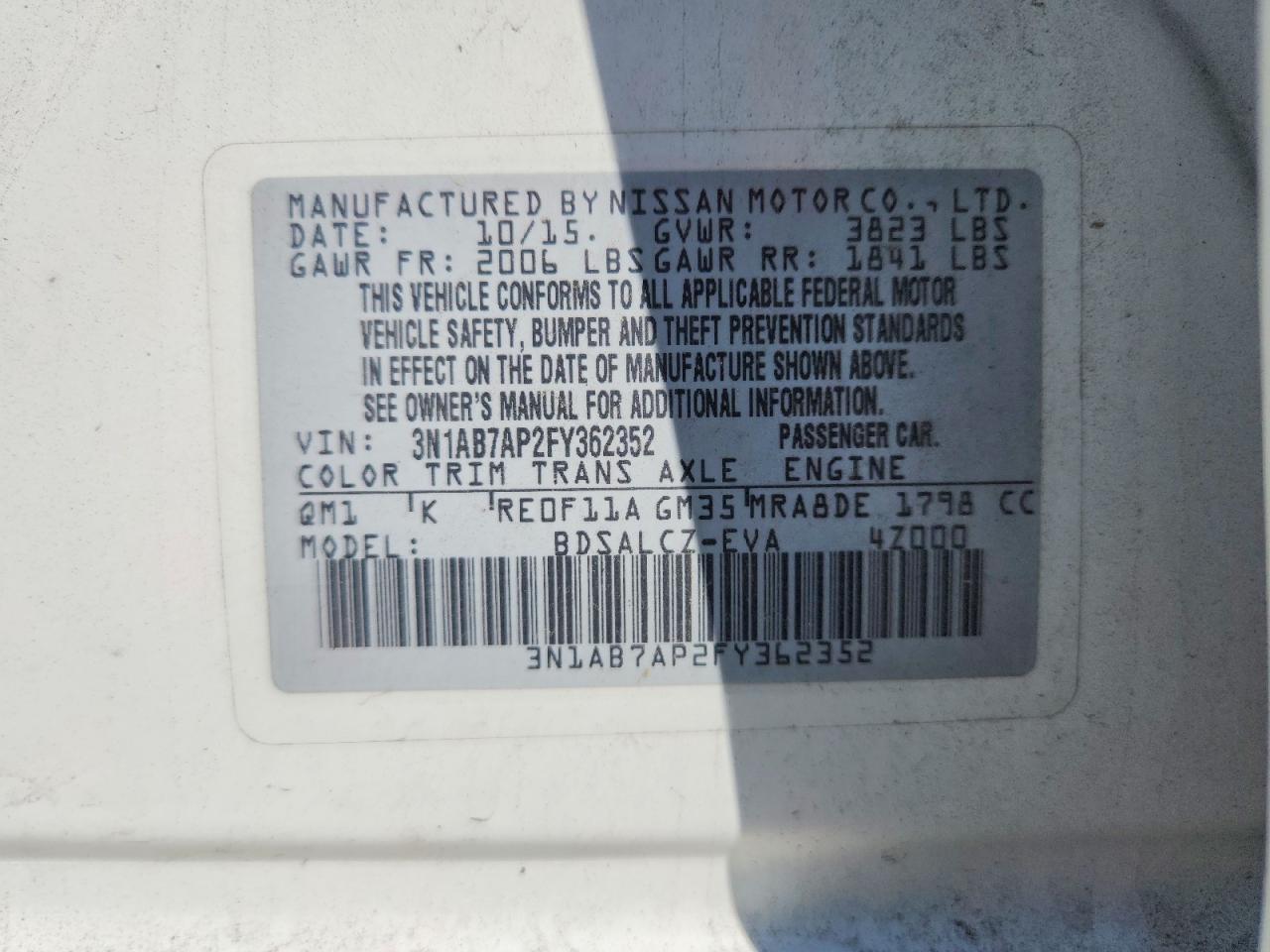 2015 Nissan Sentra S White vin: 3N1AB7AP2FY362352
