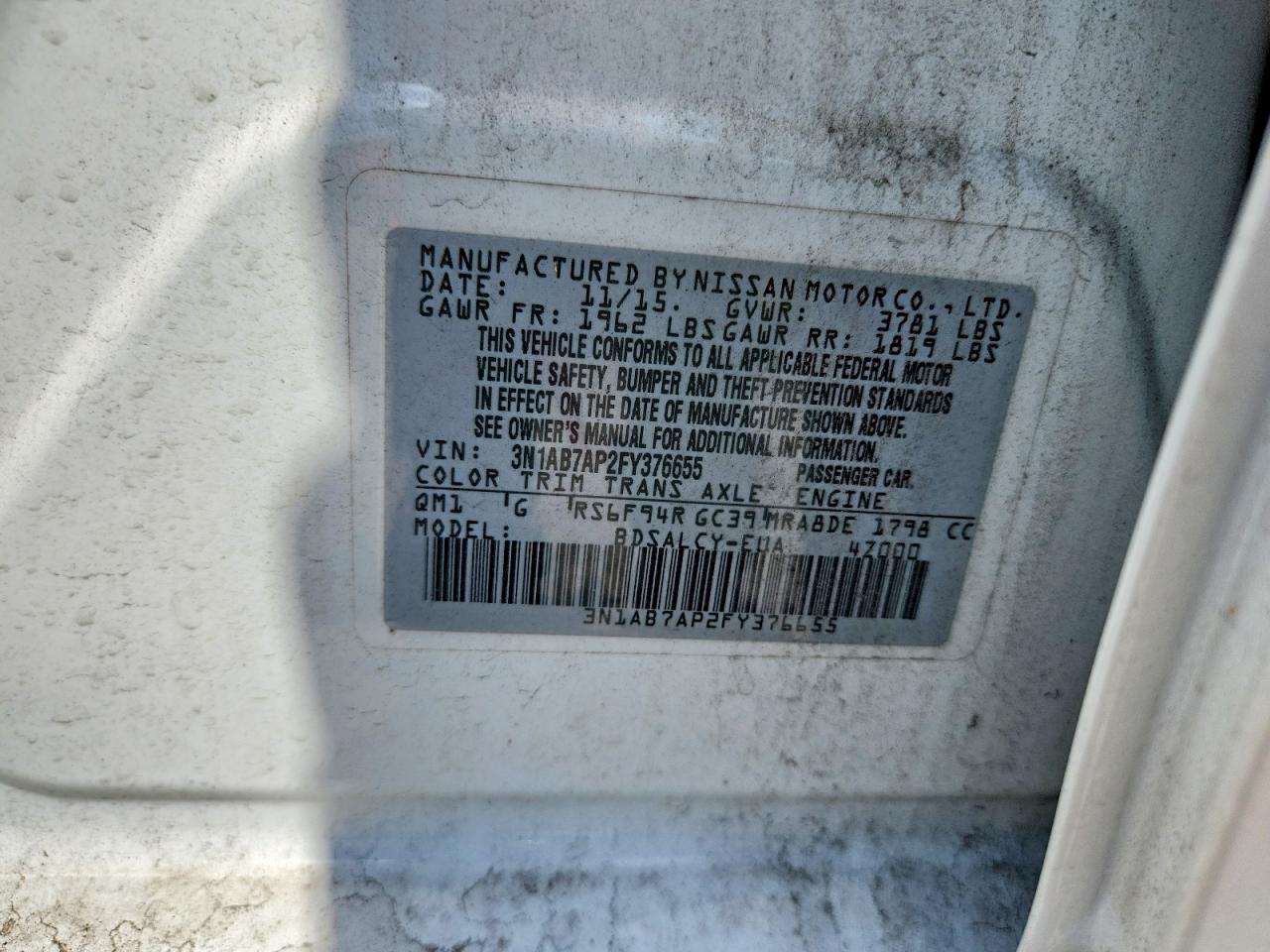 2015 Nissan Sentra S White vin: 3N1AB7AP2FY376655