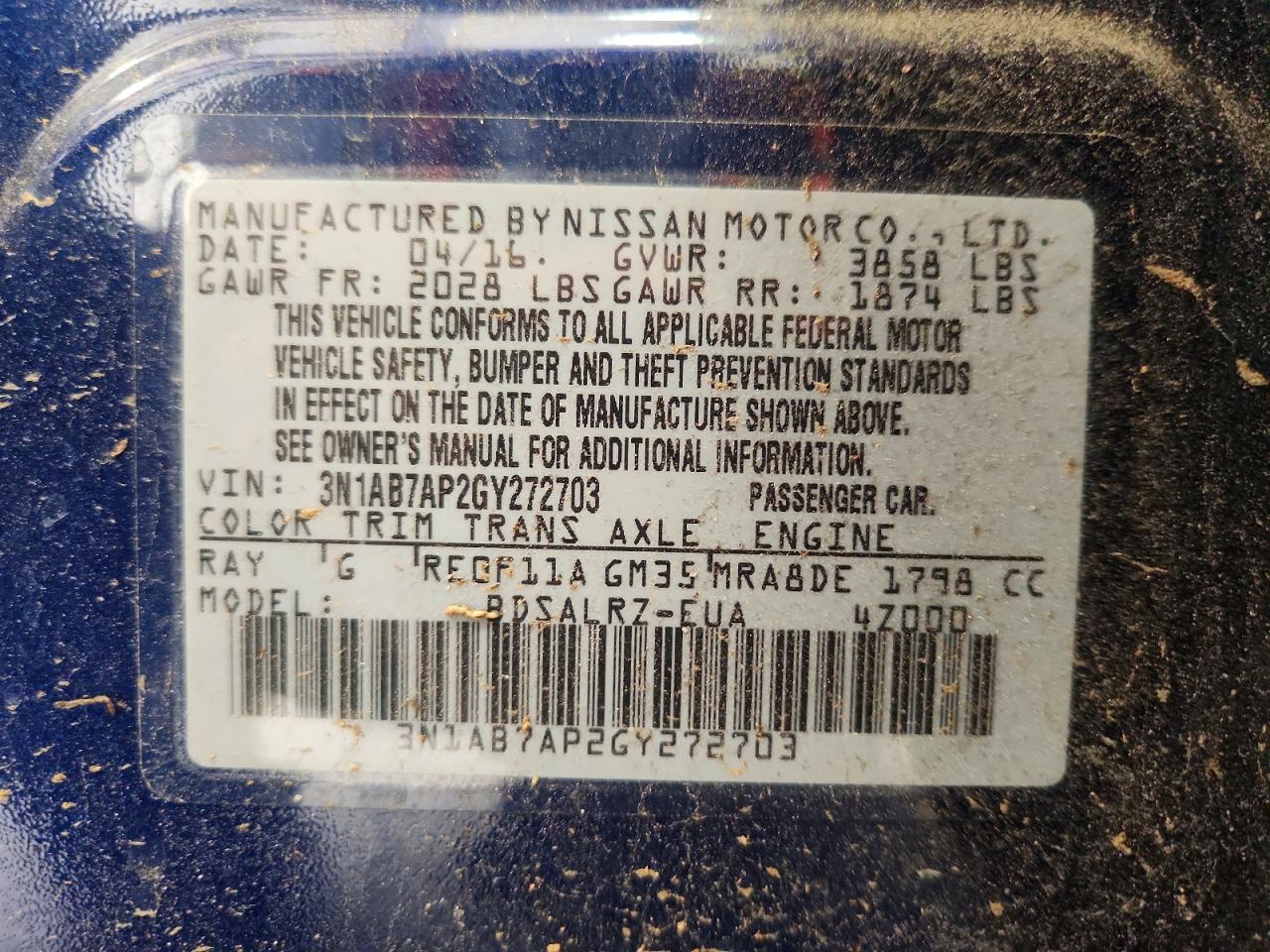2016 Nissan Sentra Sr Blue vin: 3N1AB7AP2GY272703