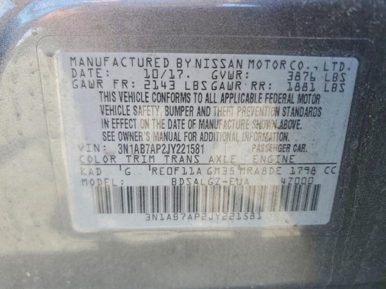 2018 Nissan Sentra Sl Gray vin: 3N1AB7AP2JY221581