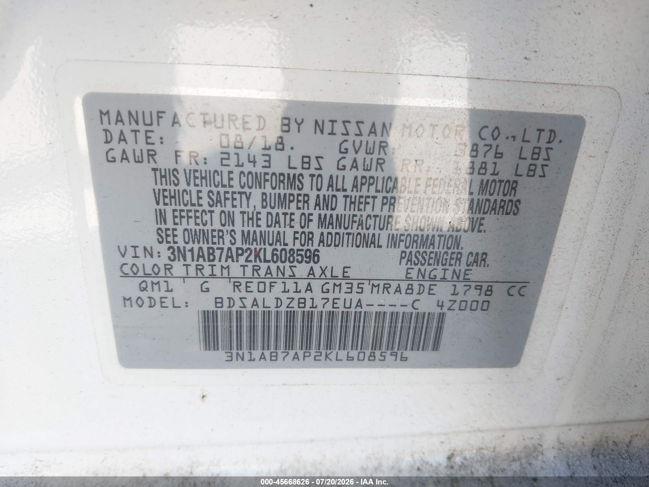 2019 Nissan Sentra Sv Белый vin: 3N1AB7AP2KL608596