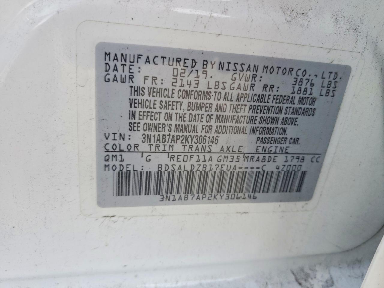 2019 Nissan Sentra Sv White vin: 3N1AB7AP2KY306146