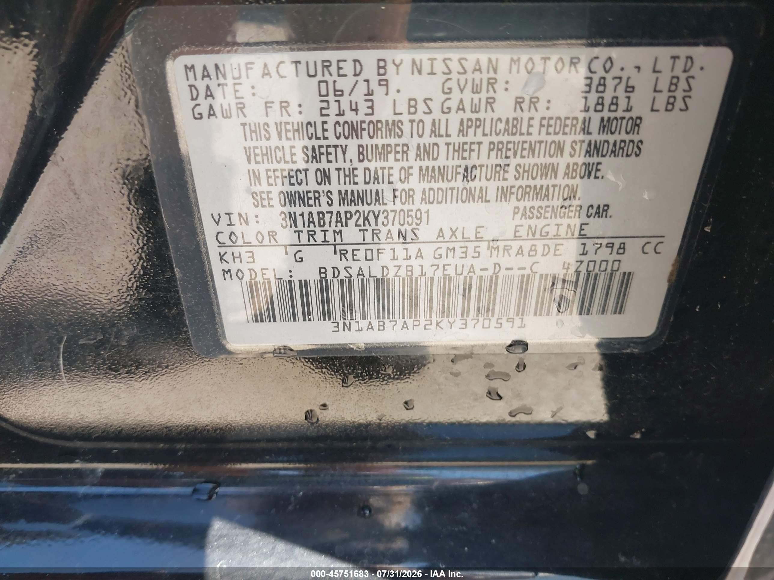 2019 Nissan Sentra Sv Black vin: 3N1AB7AP2KY370591