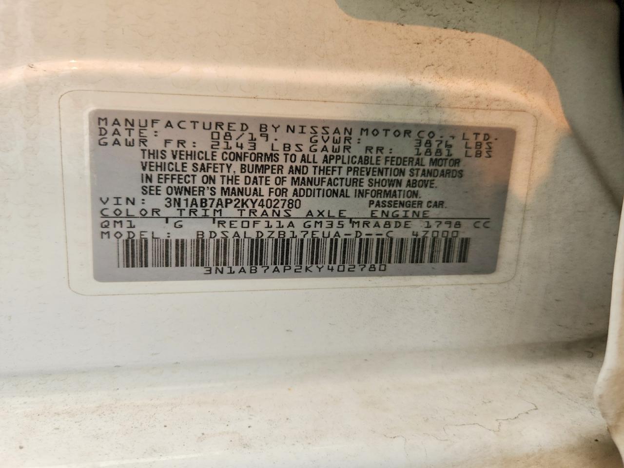 2019 Nissan Sentra Sv White vin: 3N1AB7AP2KY402780