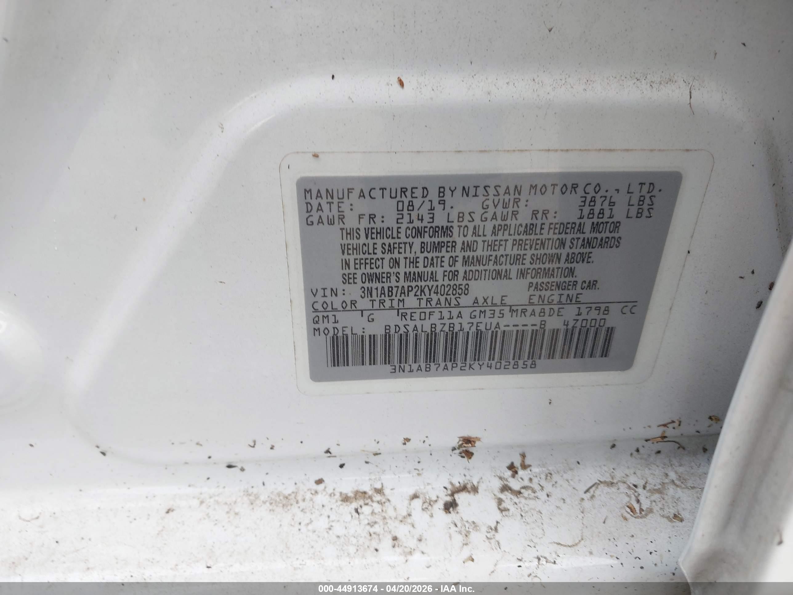 2019 Nissan Sentra S White vin: 3N1AB7AP2KY402858