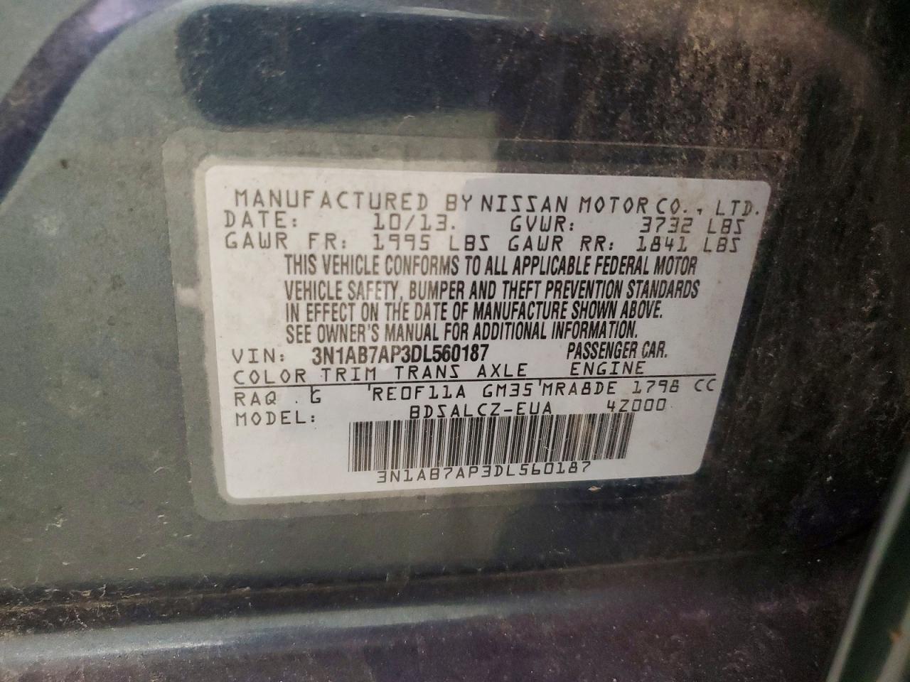 2013 Nissan Sentra S Blue vin: 3N1AB7AP3DL560187