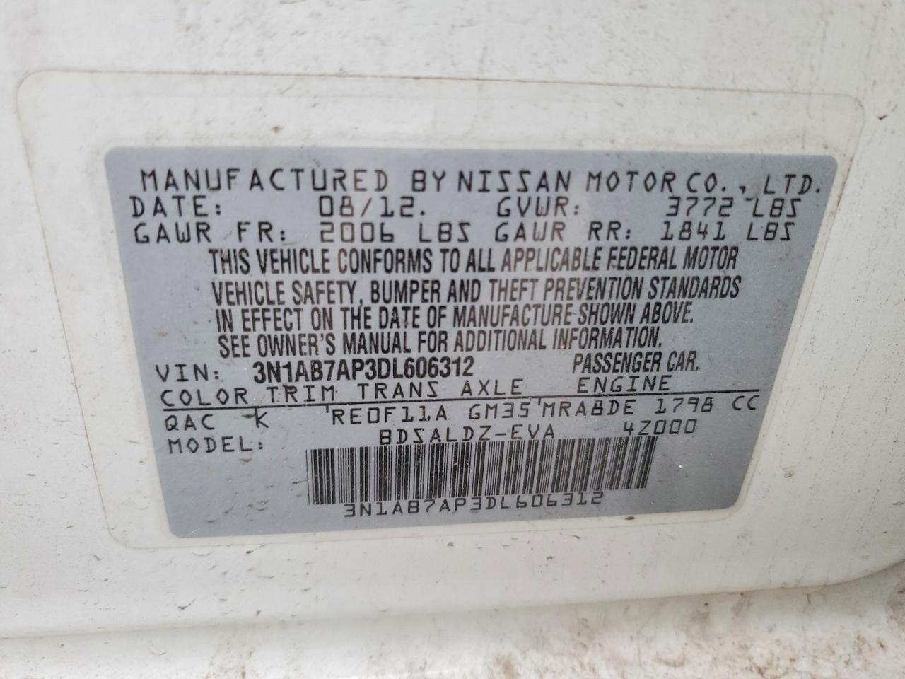 2013 Nissan Sentra S White vin: 3N1AB7AP3DL606312