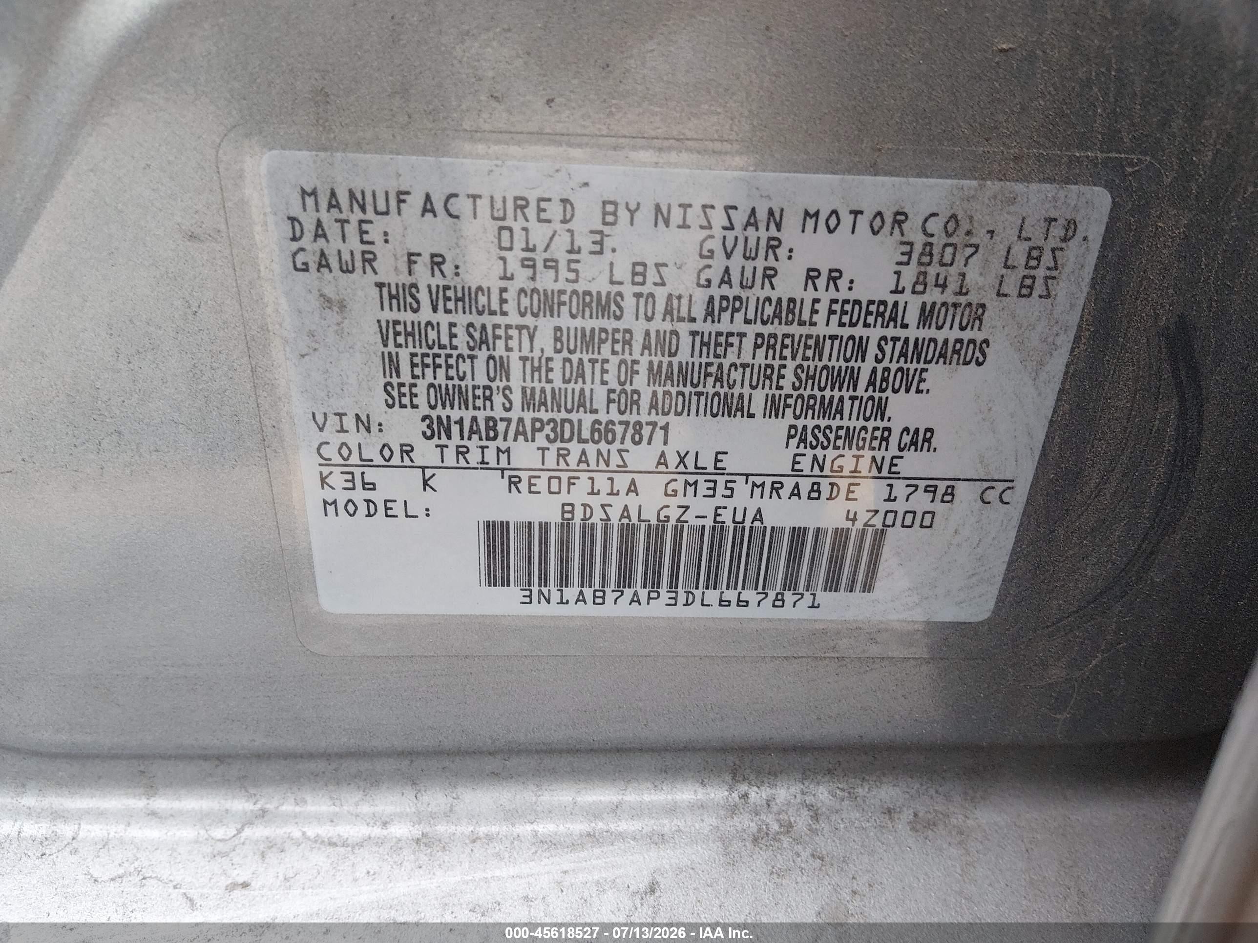 2013 Nissan Sentra Sl Gray vin: 3N1AB7AP3DL667871