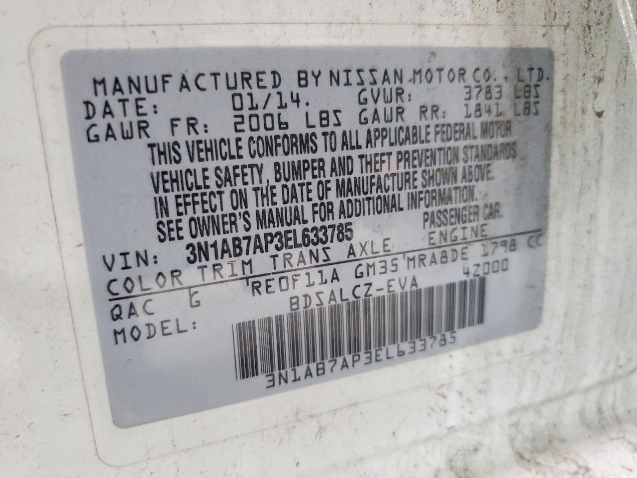 2014 Nissan Sentra S White vin: 3N1AB7AP3EL633785