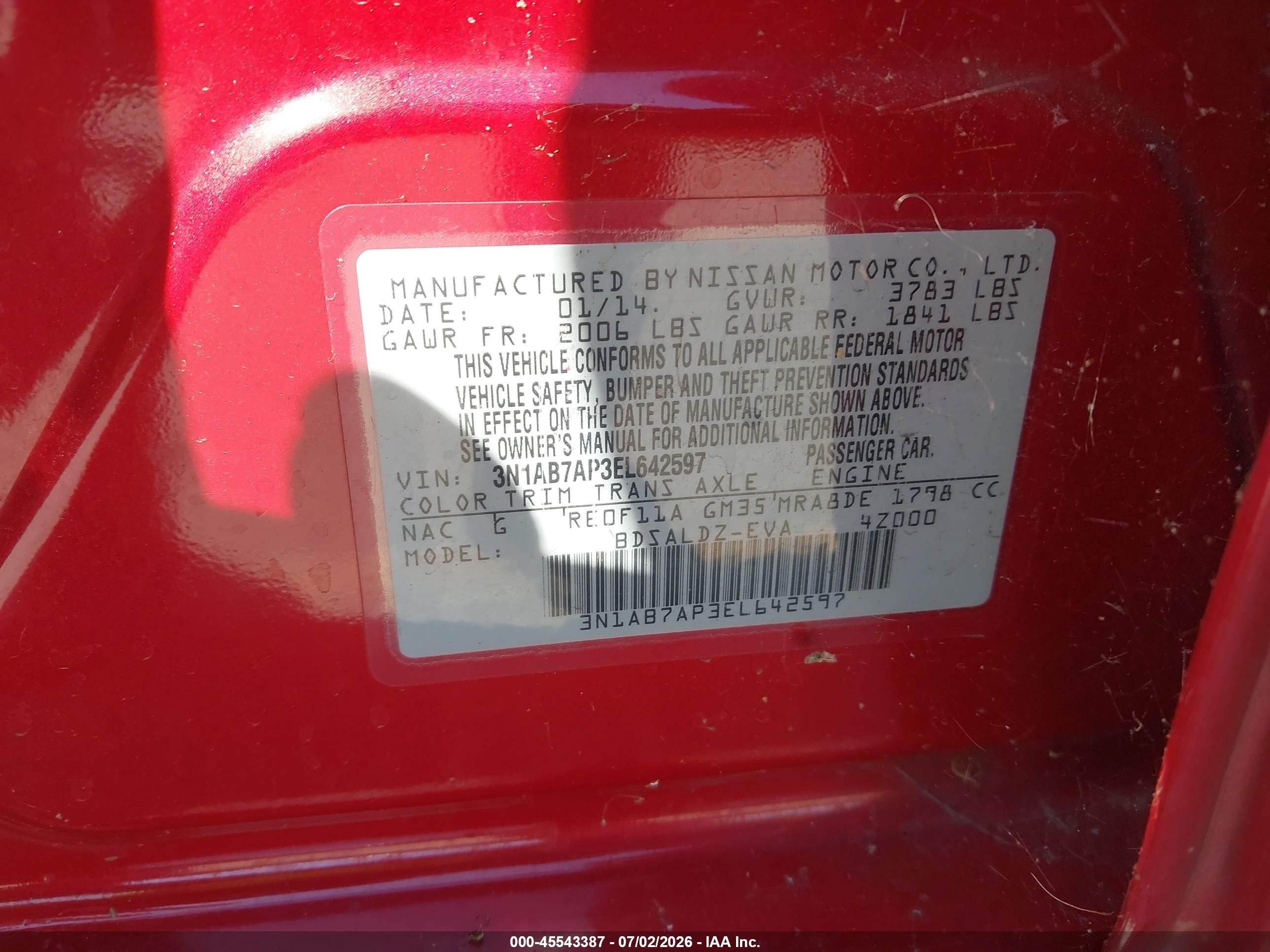2014 Nissan Sentra Fe+ S/fe+ Sv/s/sl/sr/sv Red vin: 3N1AB7AP3EL642597