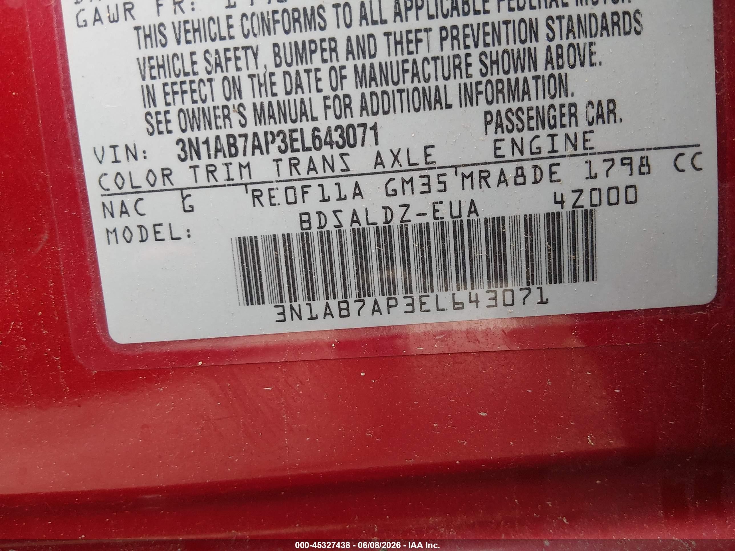 2014 Nissan Sentra Fe+ S/fe+ Sv/s/sl/sr/sv Red vin: 3N1AB7AP3EL643071