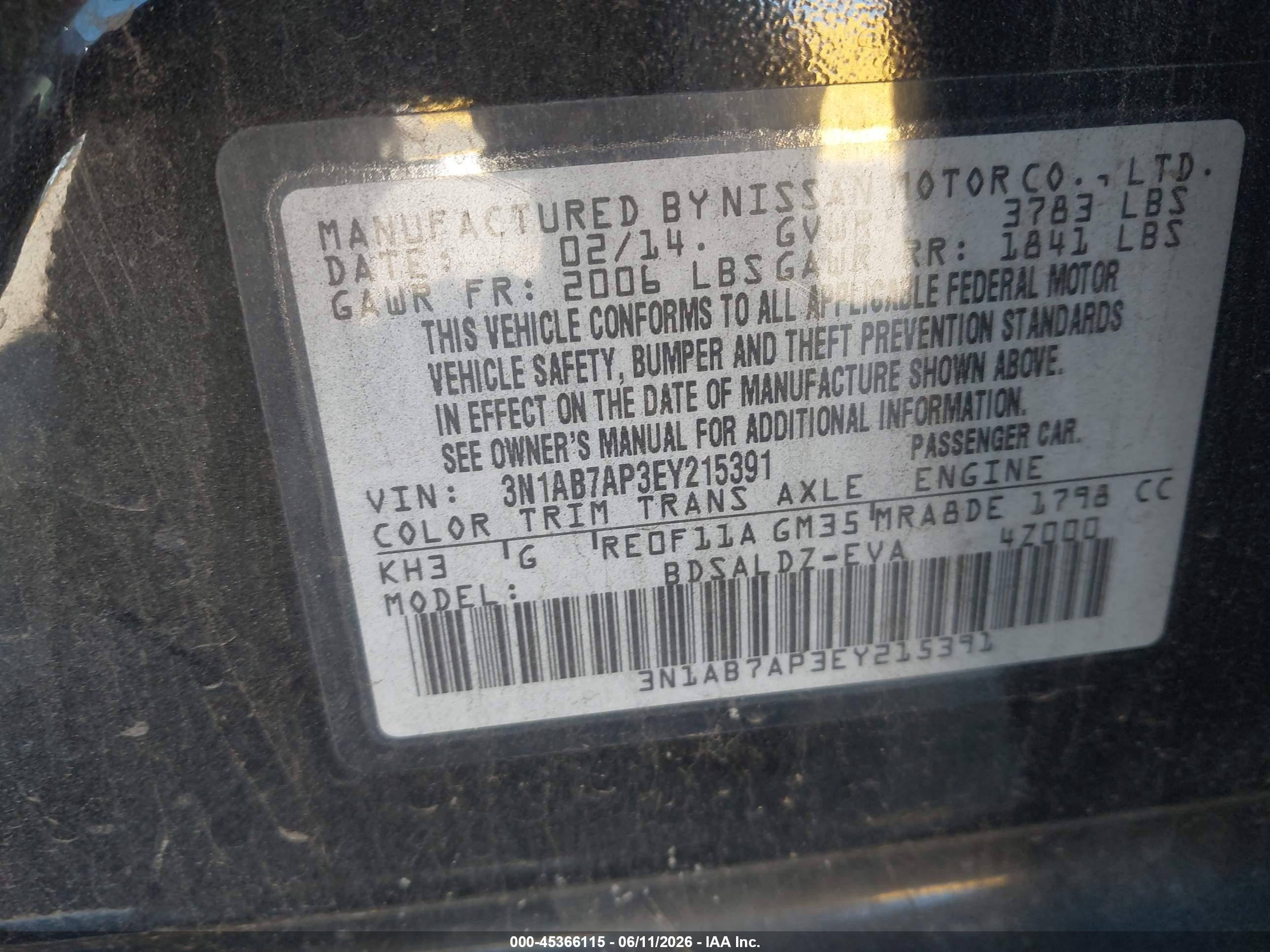 2014 Nissan Sentra Fe+ S/fe+ Sv/s/sl/sr/sv Black vin: 3N1AB7AP3EY215391