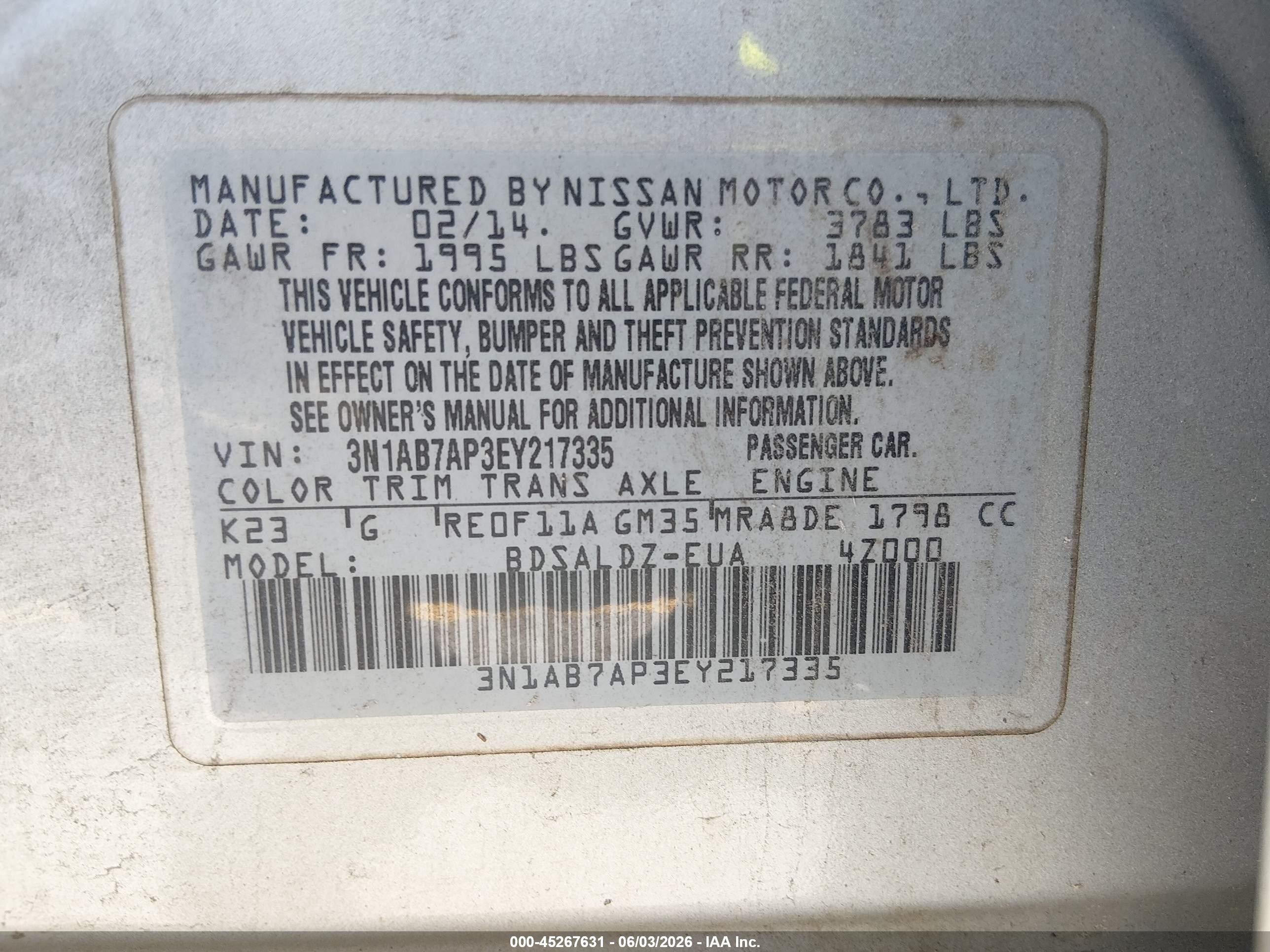 2014 Nissan Sentra Fe+ S/fe+ Sv/s/sl/sr/sv Silver vin: 3N1AB7AP3EY217335