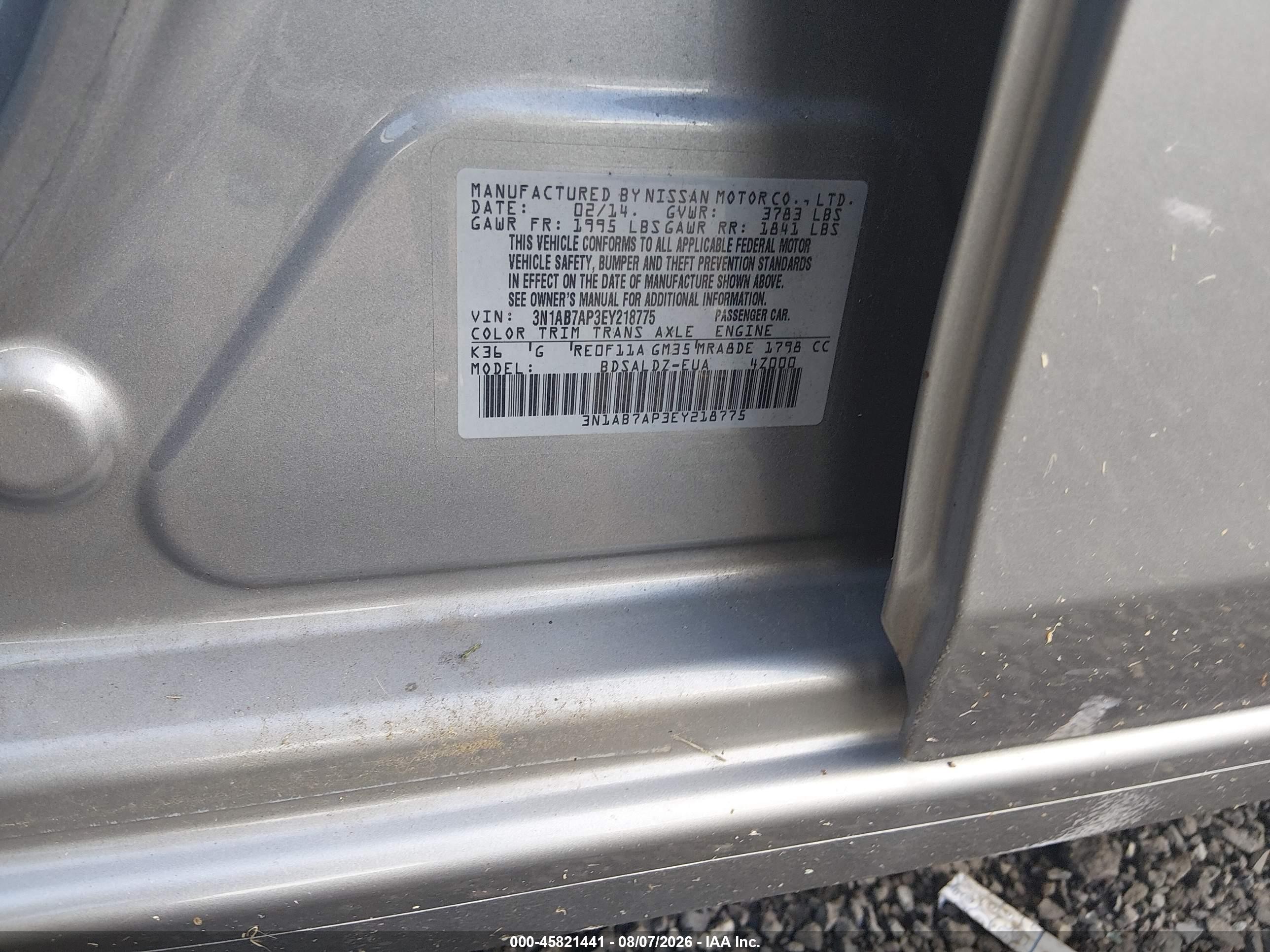 2014 Nissan Sentra Fe+ S/fe+ Sv/s/sl/sr/sv Gray vin: 3N1AB7AP3EY218775