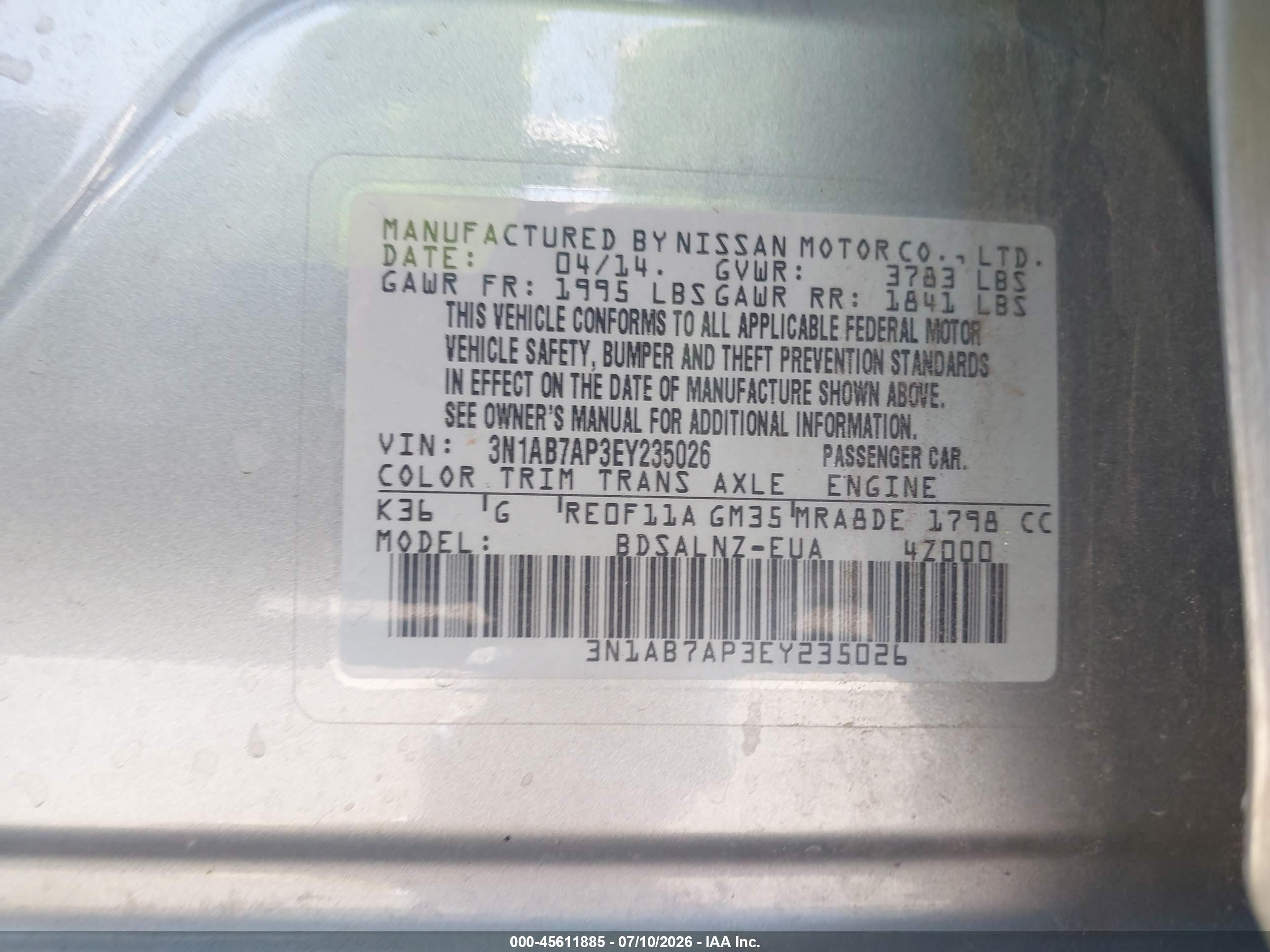 2014 Nissan Sentra Fe+ Sv Gray vin: 3N1AB7AP3EY235026