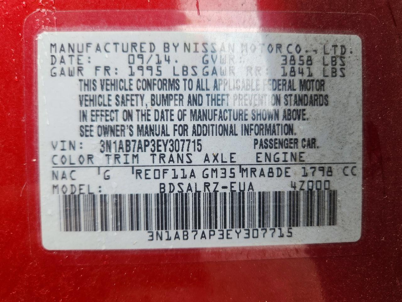 2014 Nissan Sentra Sr Red vin: 3N1AB7AP3EY307715