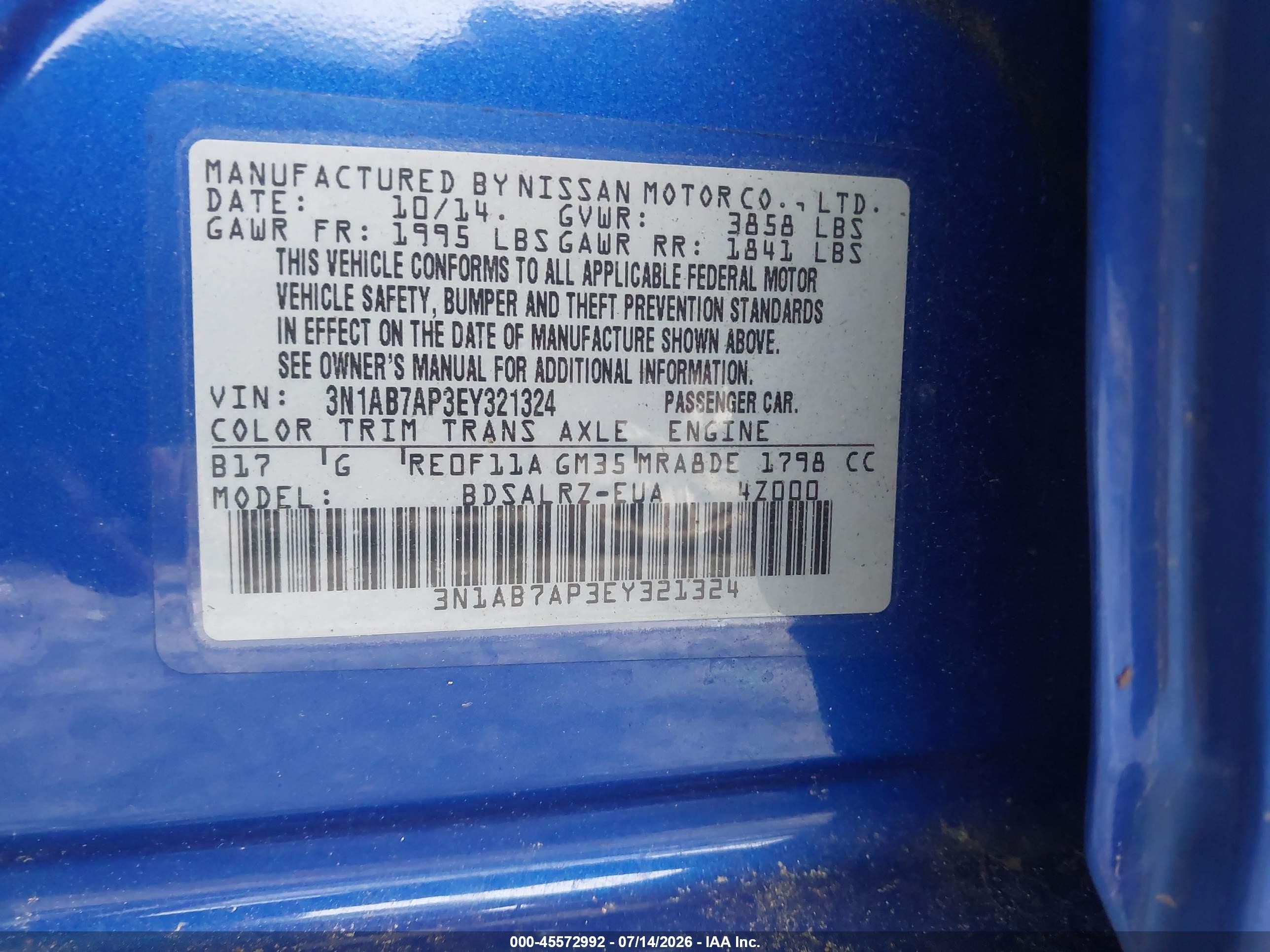 2014 Nissan Sentra Sr Blue vin: 3N1AB7AP3EY321324
