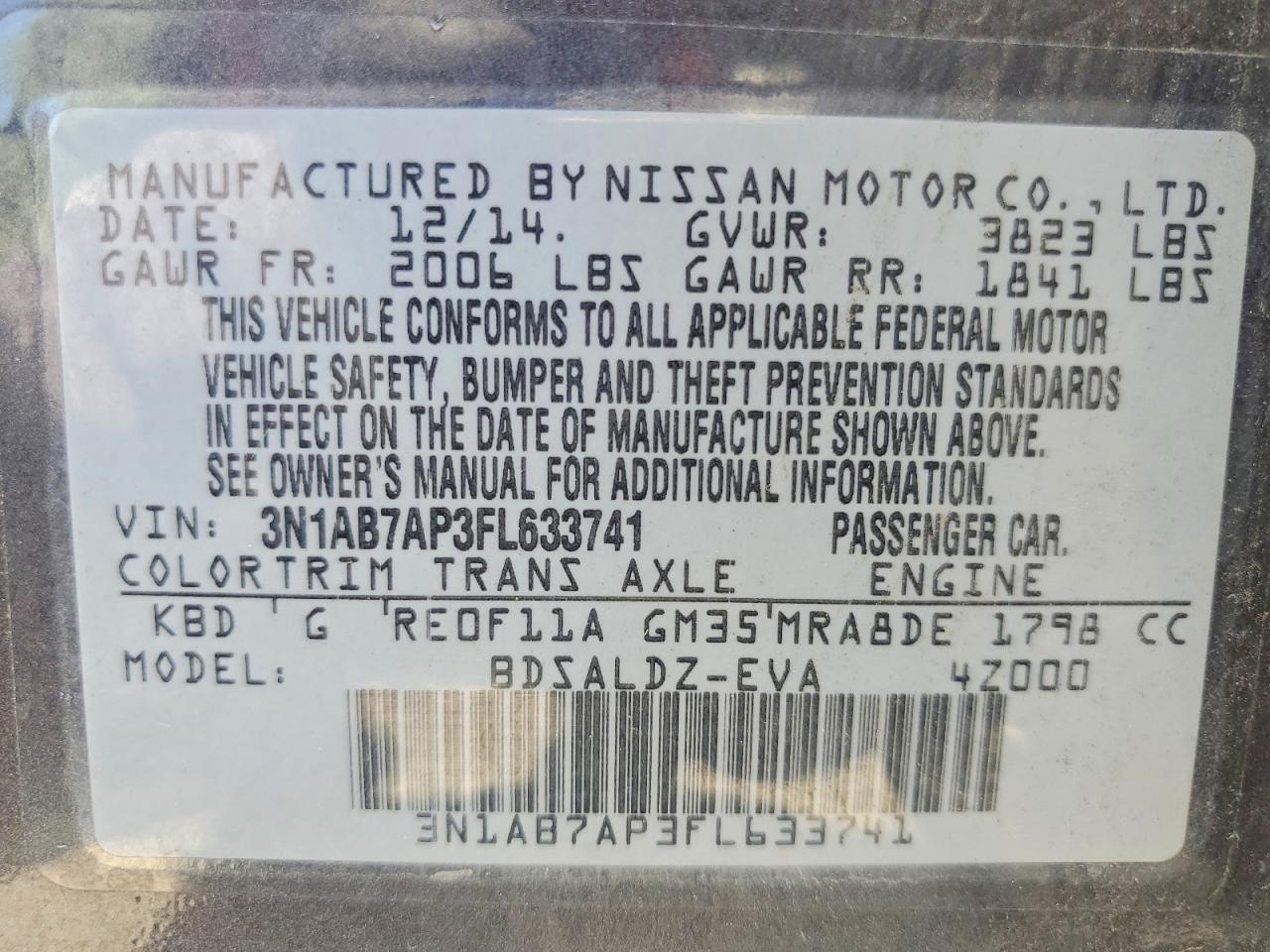 2015 Nissan Sentra Sv Gray vin: 3N1AB7AP3FL633741