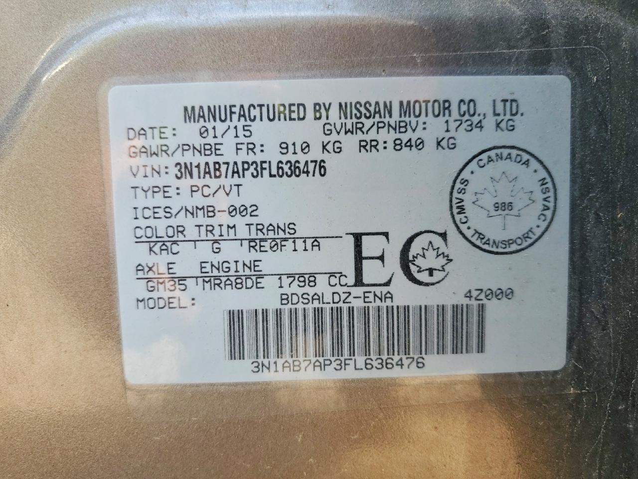 2015 Nissan Sentra S Серый vin: 3N1AB7AP3FL636476