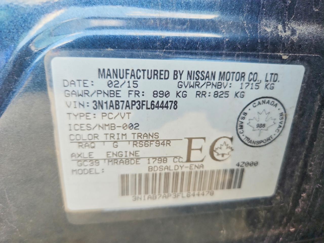 2015 Nissan Sentra S Blue vin: 3N1AB7AP3FL644478