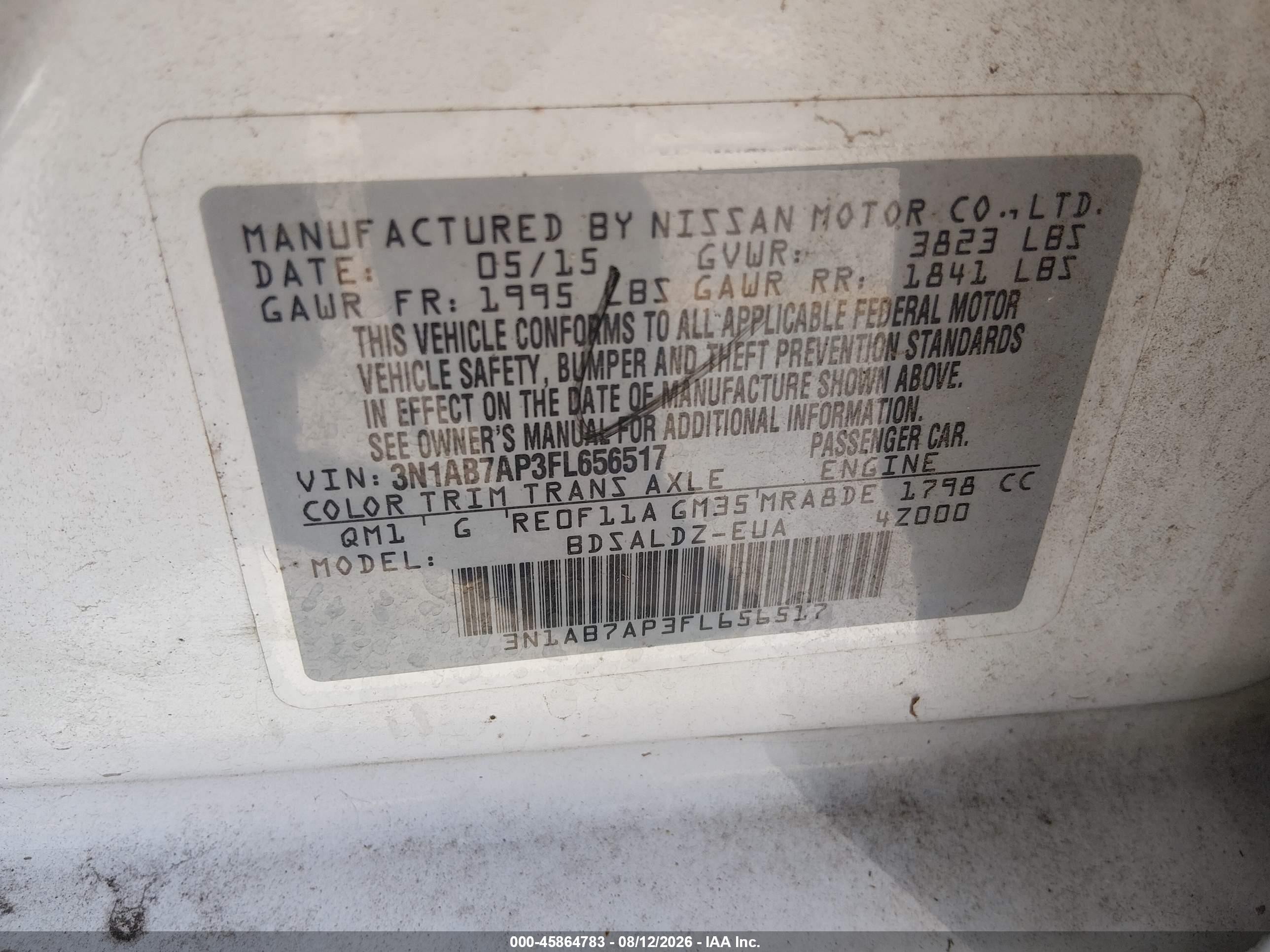 2015 Nissan Sentra Fe+ S/s/sl/sr/sv Белый vin: 3N1AB7AP3FL656517
