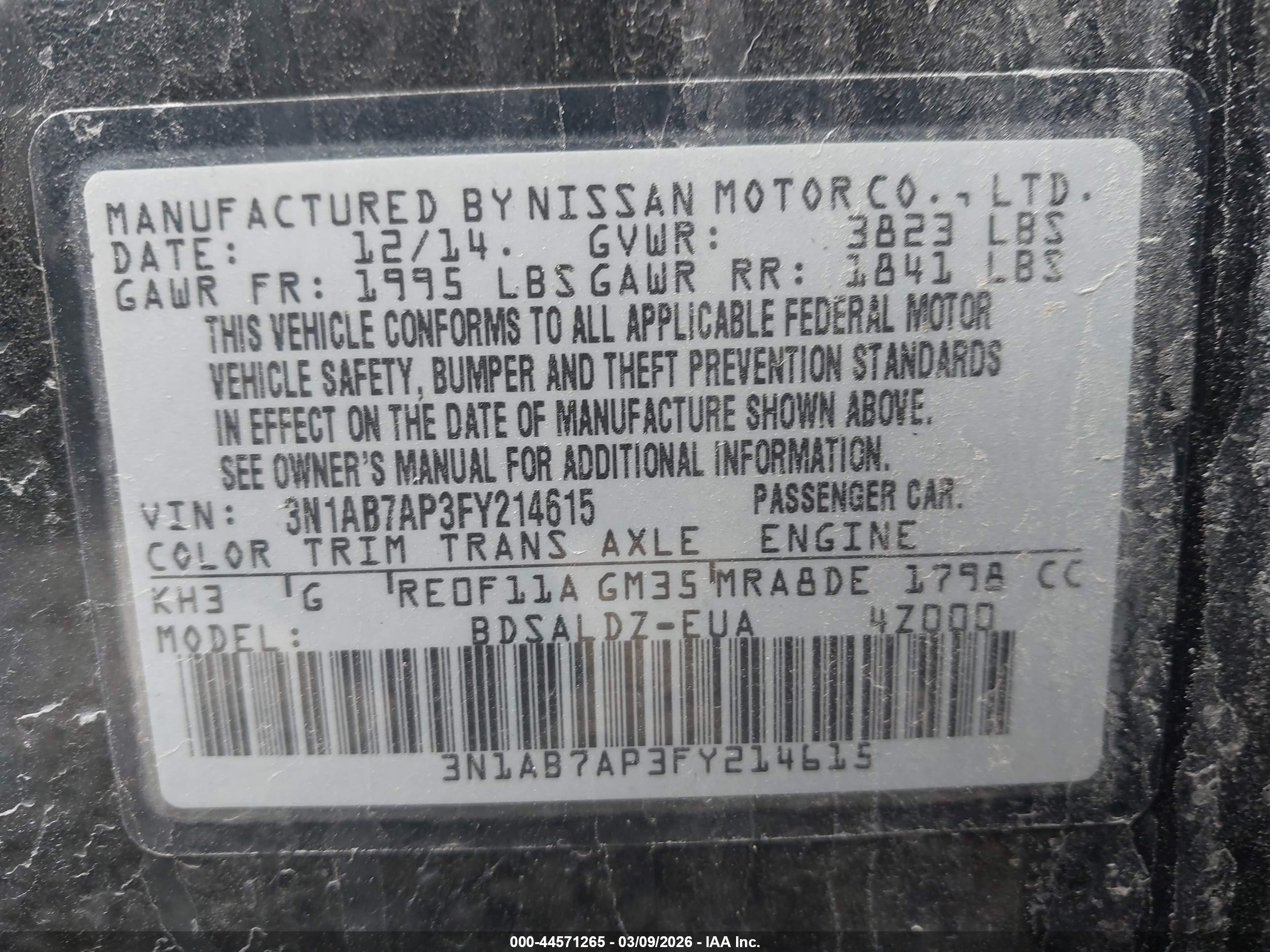 2015 Nissan Sentra Sv Black vin: 3N1AB7AP3FY214615