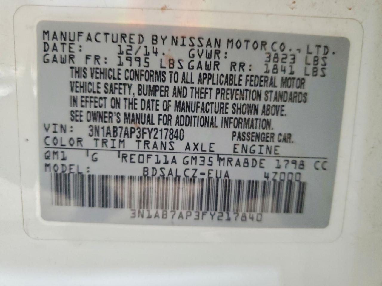 2015 Nissan Sentra S White vin: 3N1AB7AP3FY217840