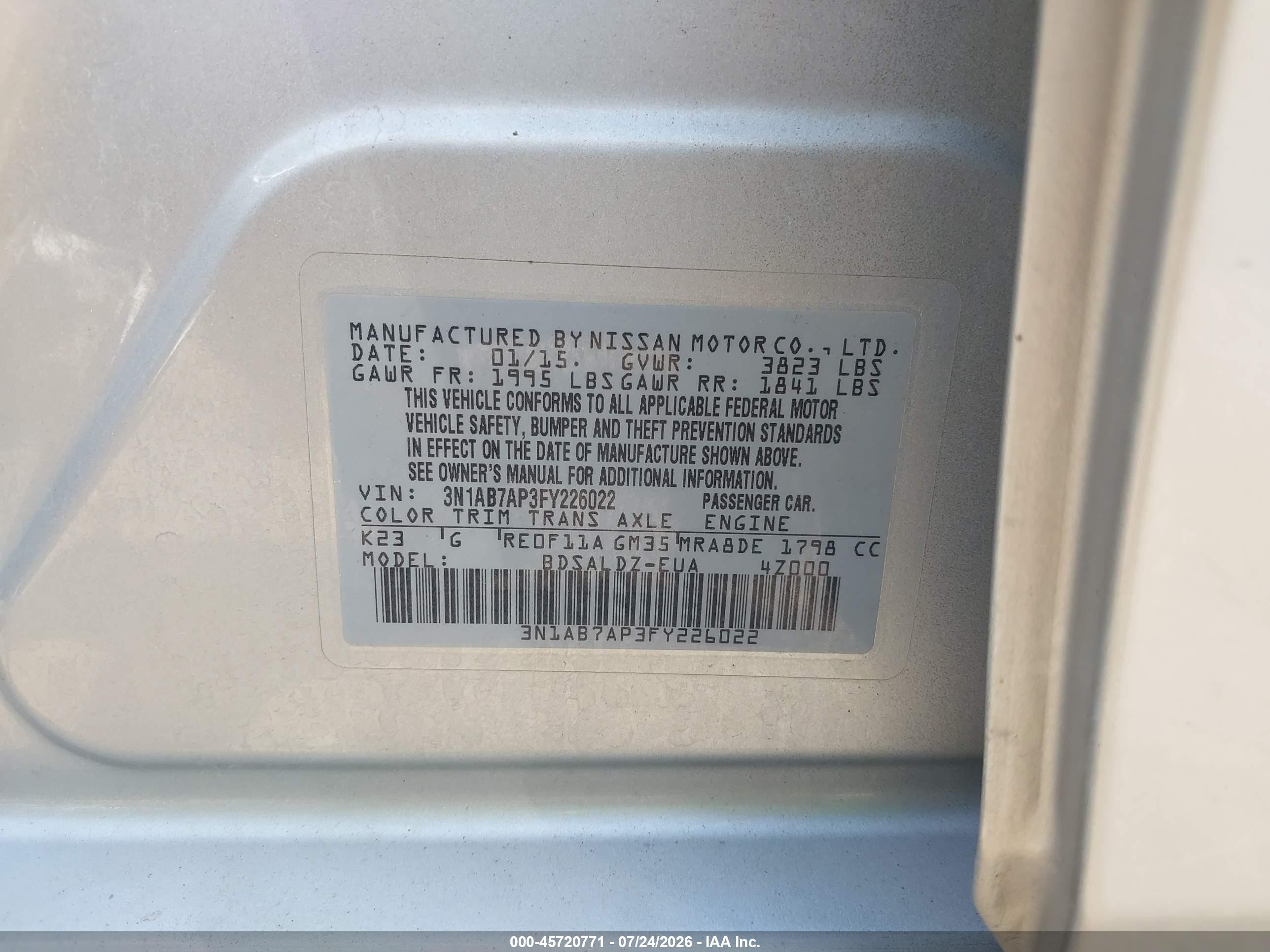 2015 Nissan Sentra Fe+ S/s/sl/sr/sv Silver vin: 3N1AB7AP3FY226022