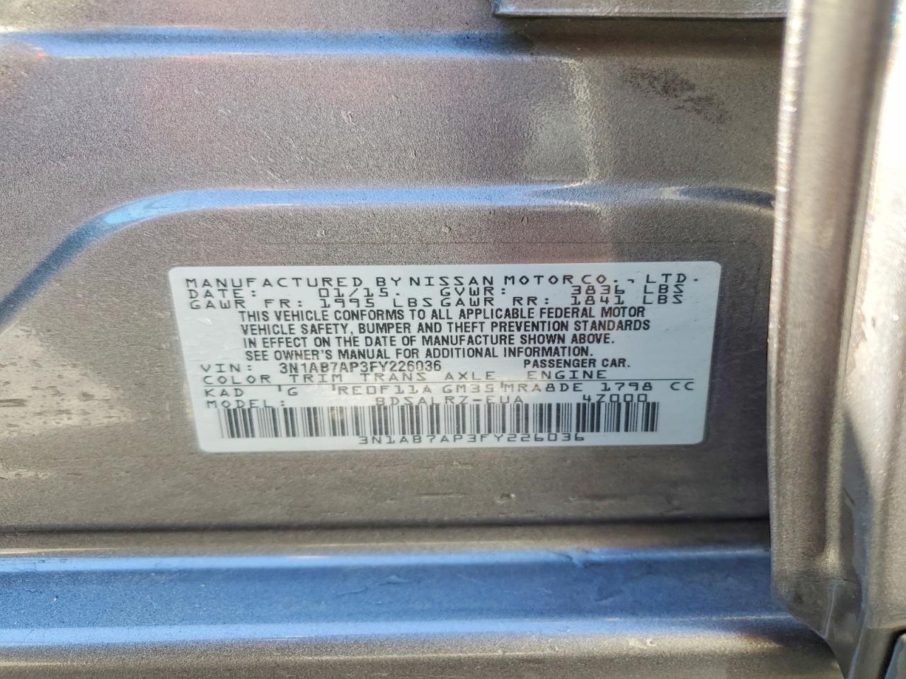 2015 Nissan Sentra Sr Gray vin: 3N1AB7AP3FY226036