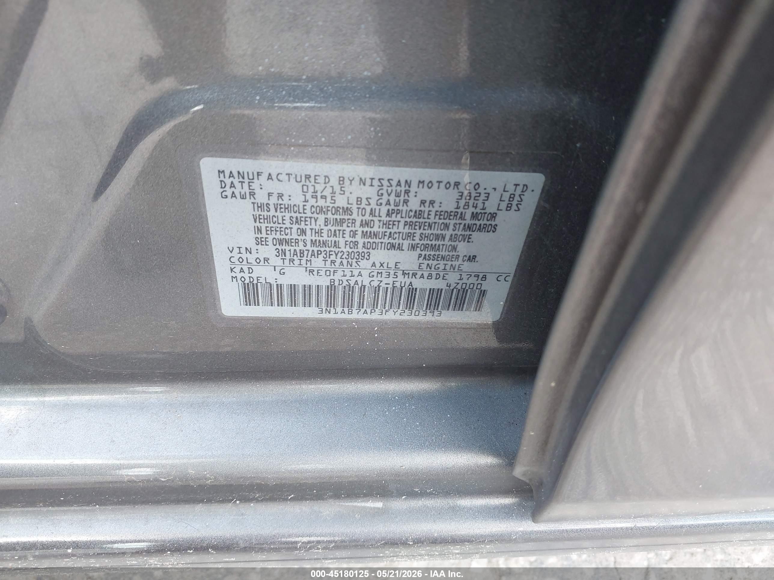 2015 Nissan Sentra S Серый vin: 3N1AB7AP3FY230393