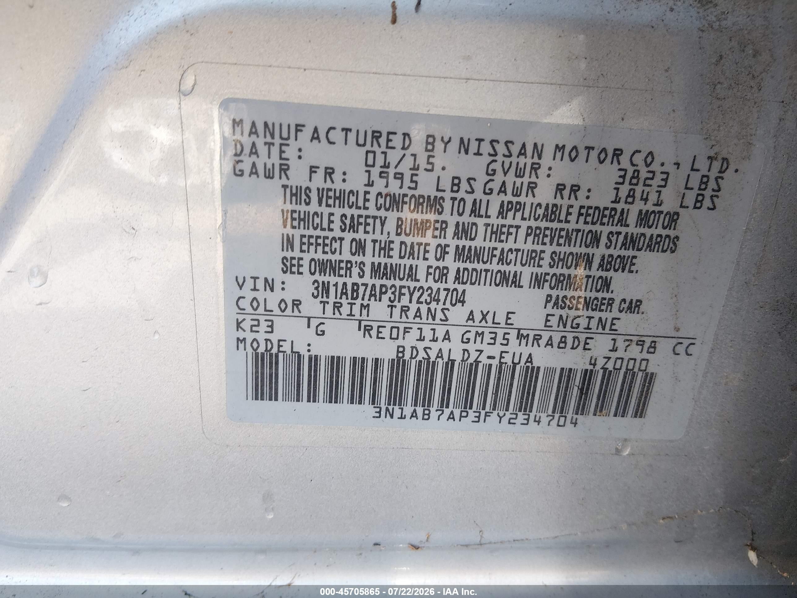 2015 Nissan Sentra Fe+ S/s/sl/sr/sv Silver vin: 3N1AB7AP3FY234704