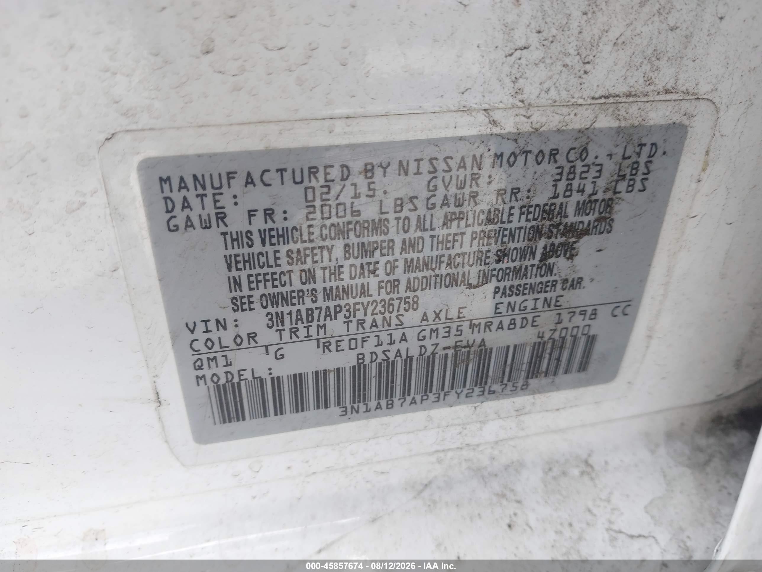 2015 Nissan Sentra Fe+ S/s/sl/sr/sv White vin: 3N1AB7AP3FY236758