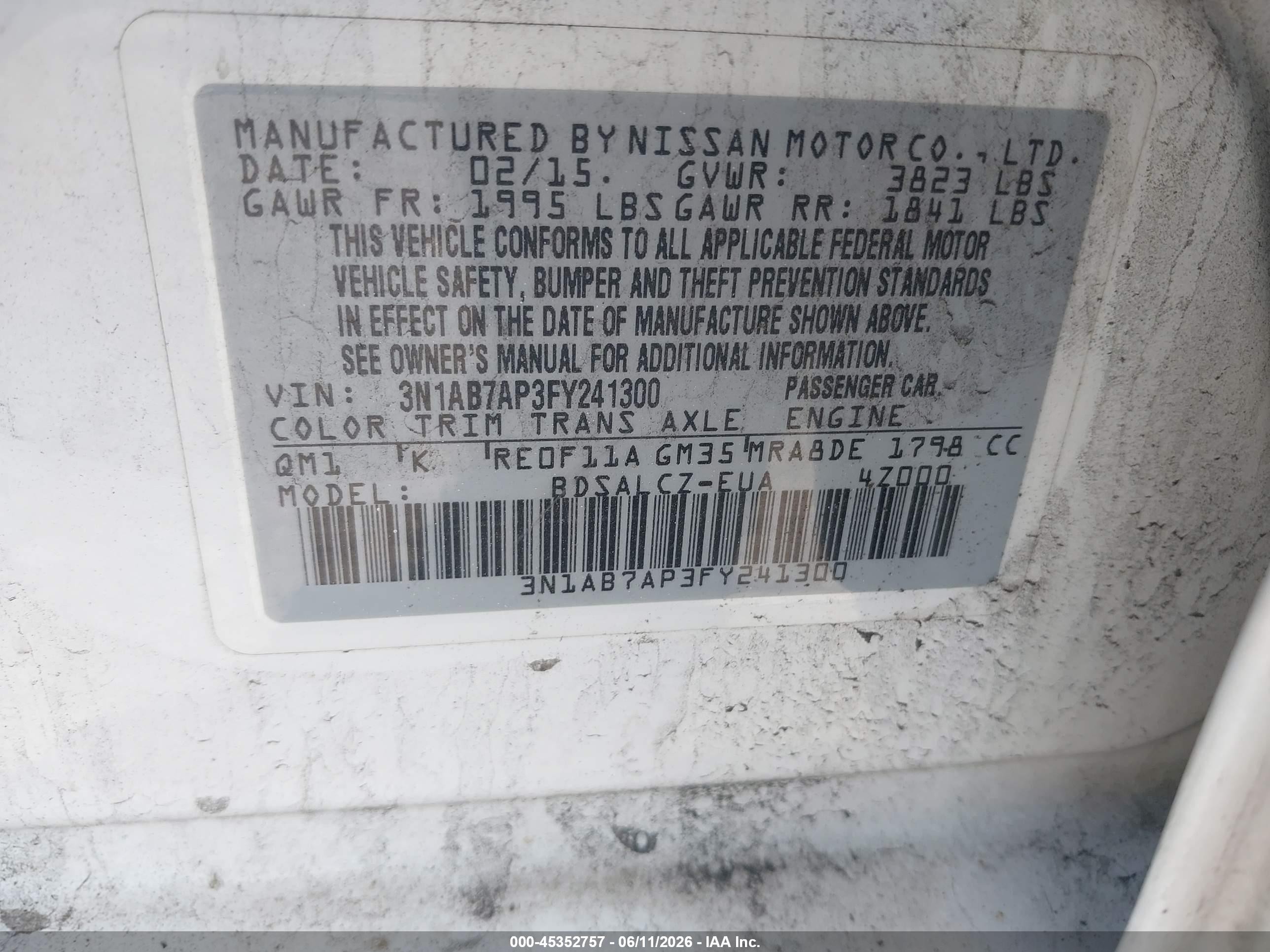 2015 Nissan Sentra Fe+ S/s/sl/sr/sv White vin: 3N1AB7AP3FY241300