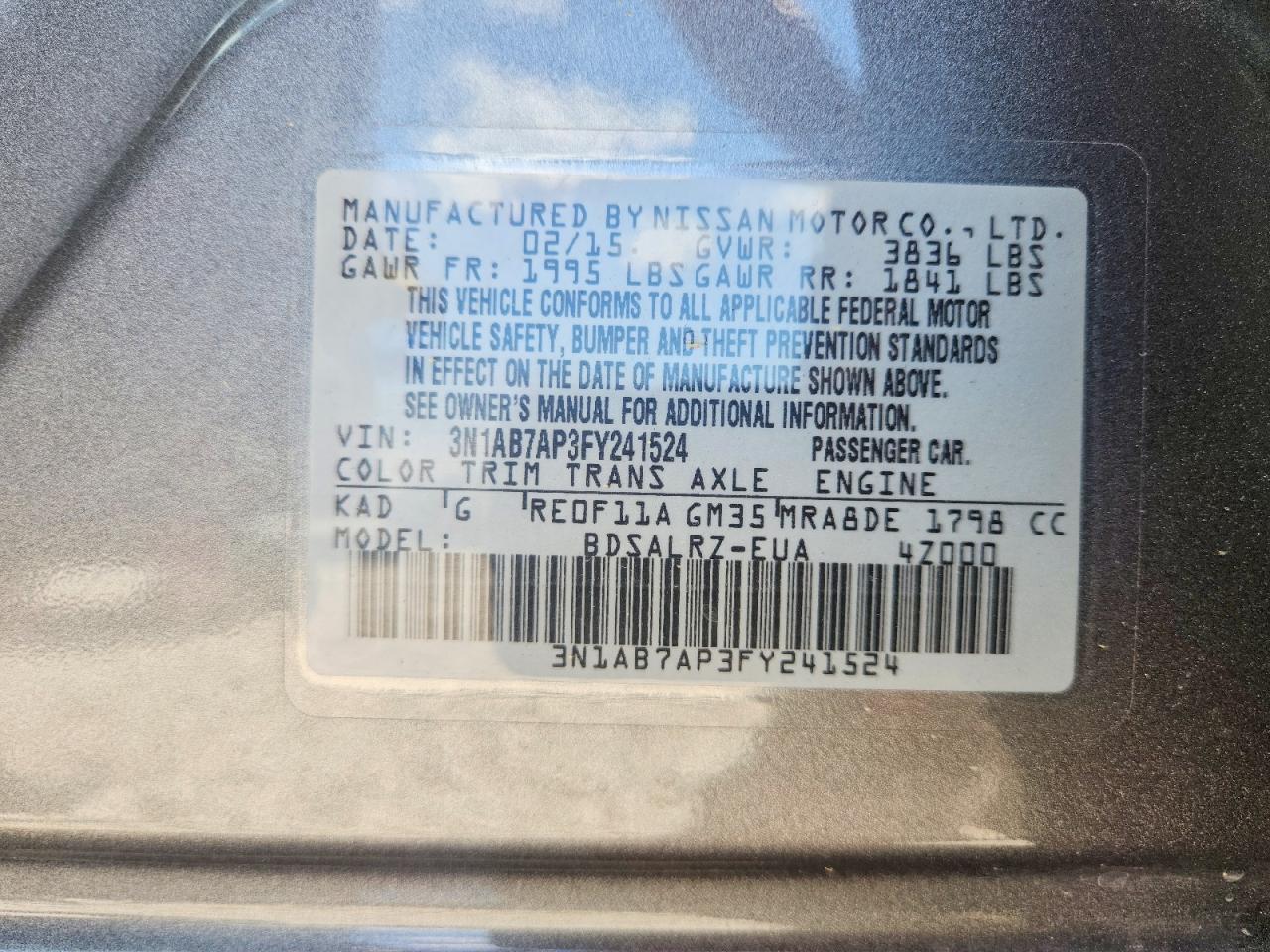 2015 Nissan Sentra Sr Gray vin: 3N1AB7AP3FY241524