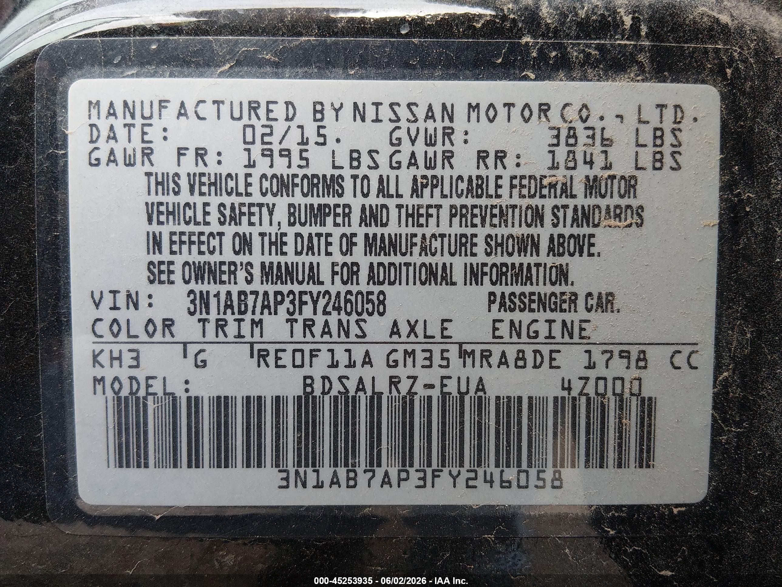 2015 Nissan Sentra Sr Black vin: 3N1AB7AP3FY246058