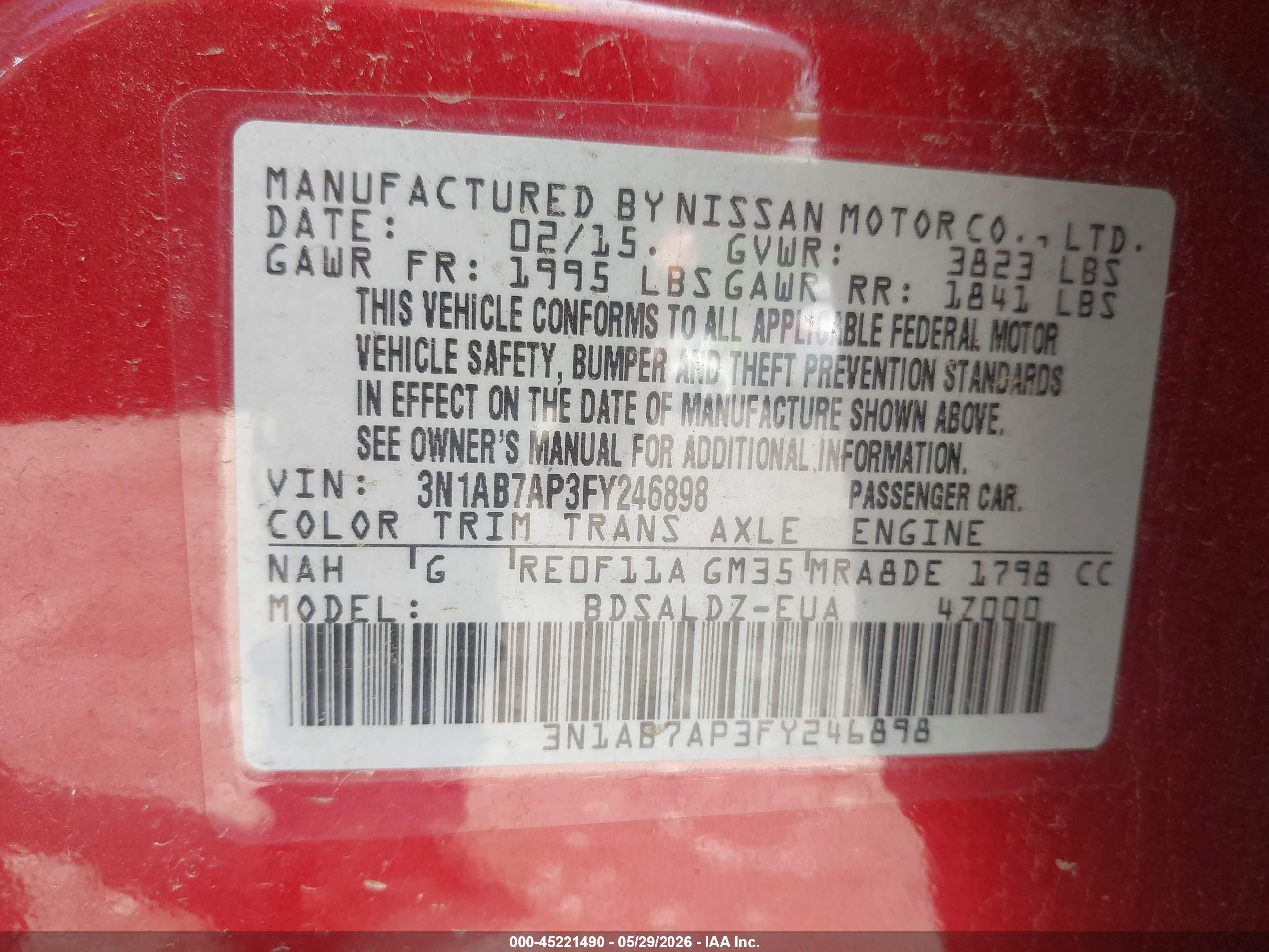 2015 Nissan Sentra Fe+ S/s/sl/sr/sv Red vin: 3N1AB7AP3FY246898