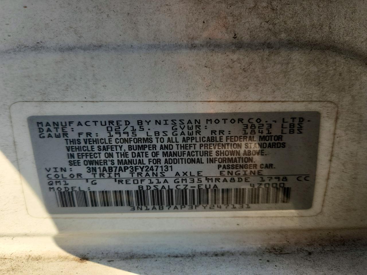 2015 Nissan Sentra S White vin: 3N1AB7AP3FY247131