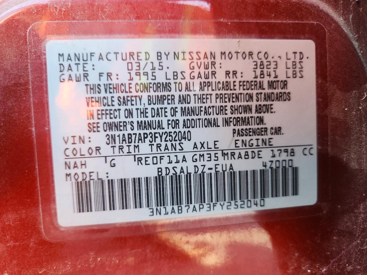 2015 Nissan Sentra Sv Burgundy vin: 3N1AB7AP3FY252040