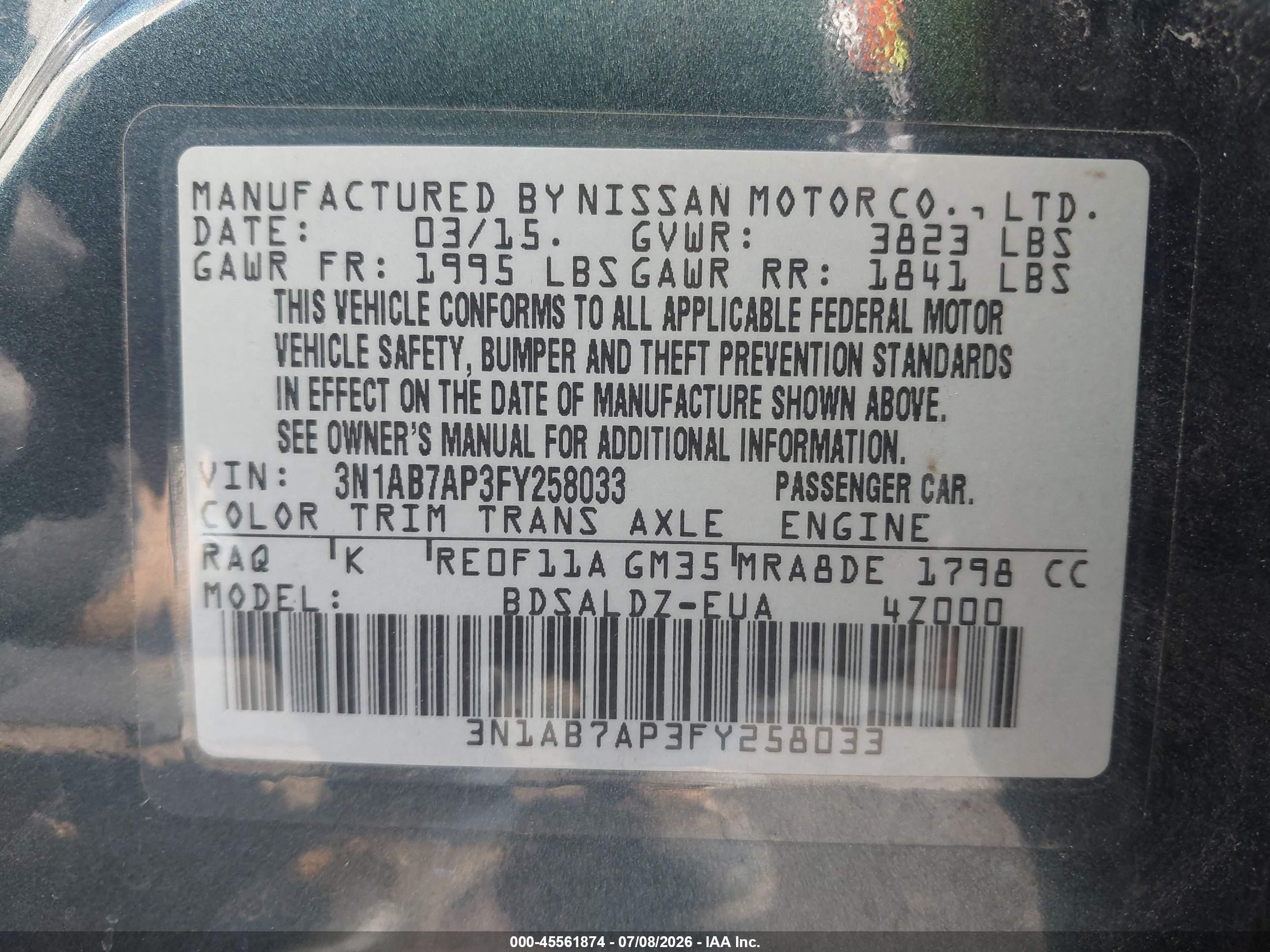 2015 Nissan Sentra Fe+ S/s/sl/sr/sv Blue vin: 3N1AB7AP3FY258033
