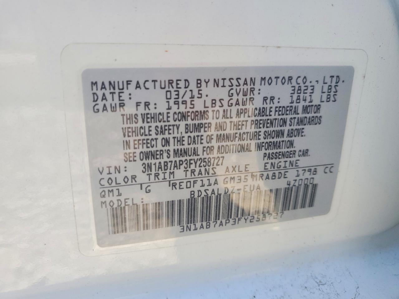 2015 Nissan Sentra Sv White vin: 3N1AB7AP3FY258727