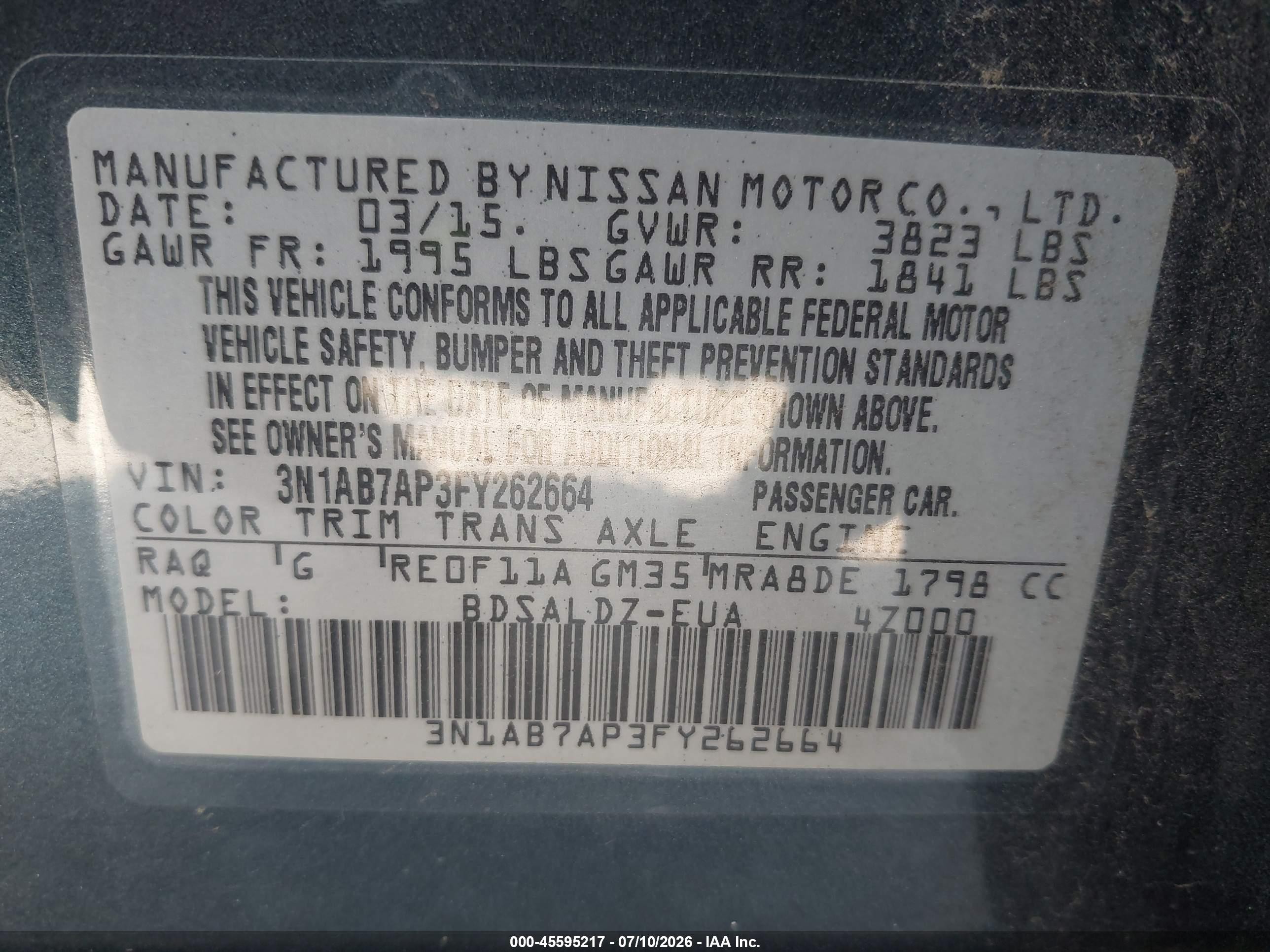 2015 Nissan Sentra Sv Blue vin: 3N1AB7AP3FY262664