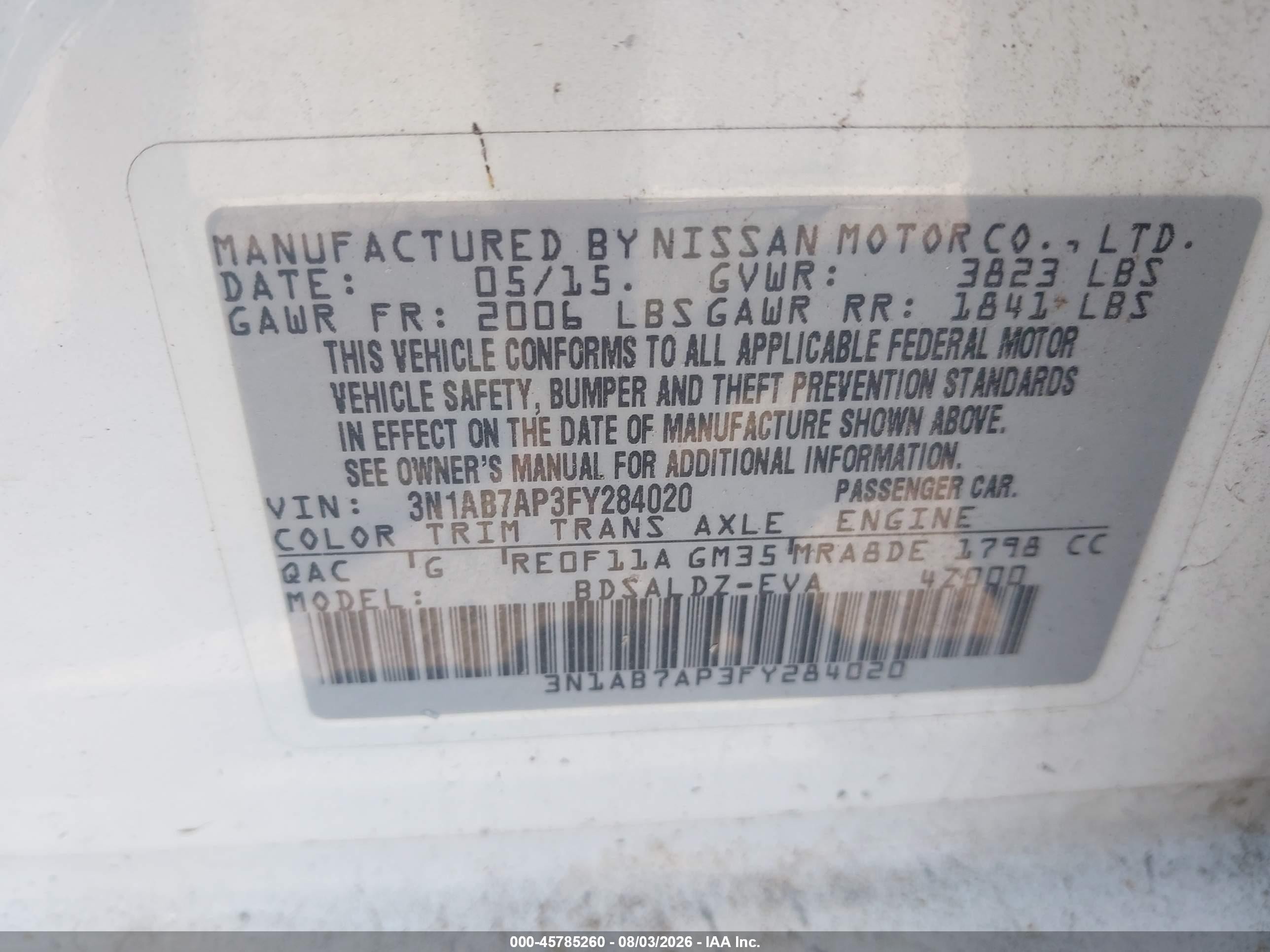2015 Nissan Sentra Sv White vin: 3N1AB7AP3FY284020