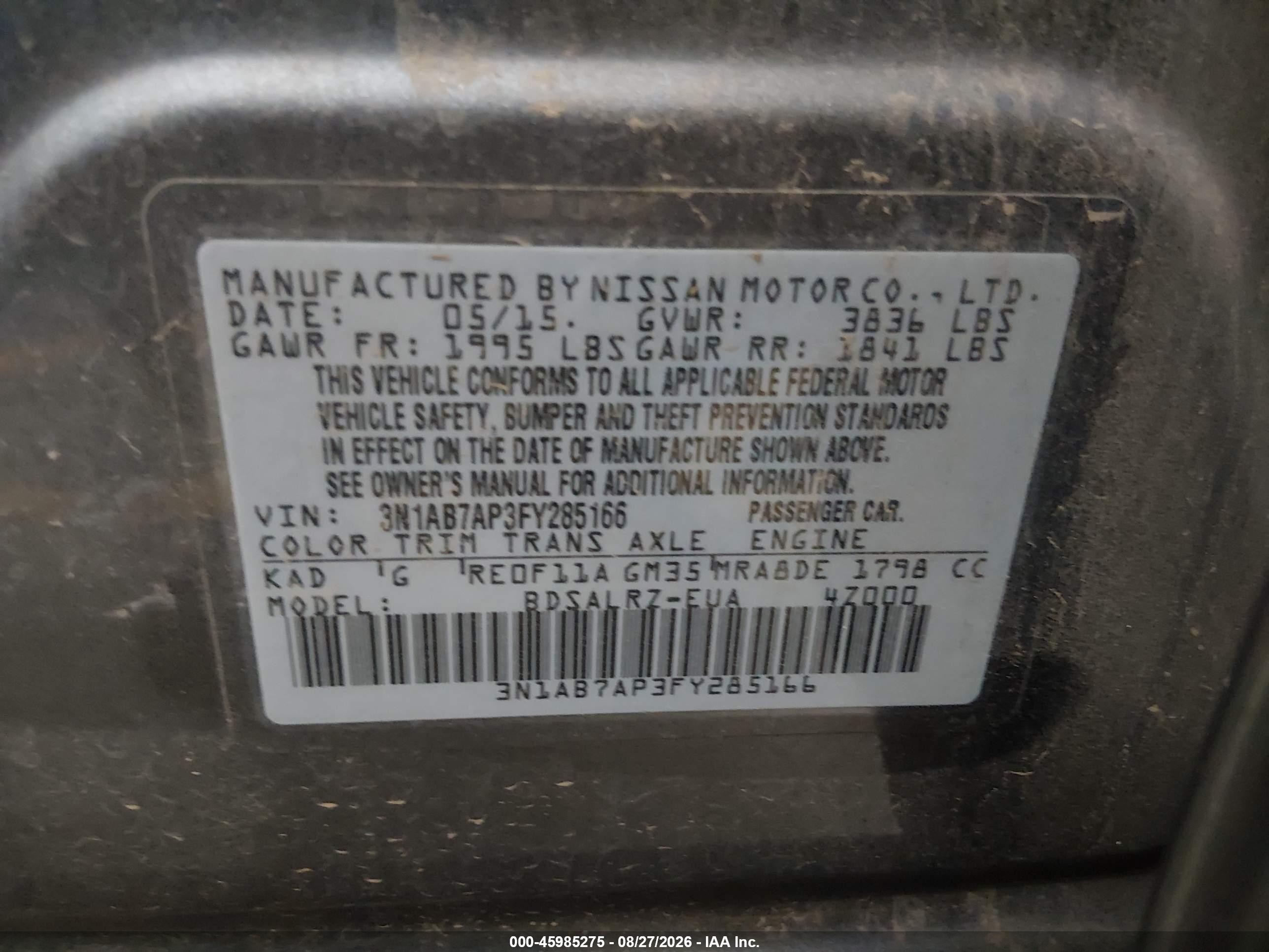 2015 Nissan Sentra Sr Gray vin: 3N1AB7AP3FY285166