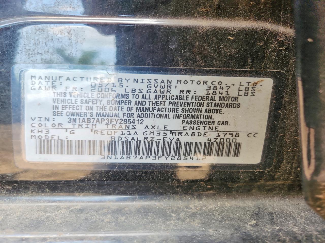 2015 Nissan Sentra Sr Black vin: 3N1AB7AP3FY285412