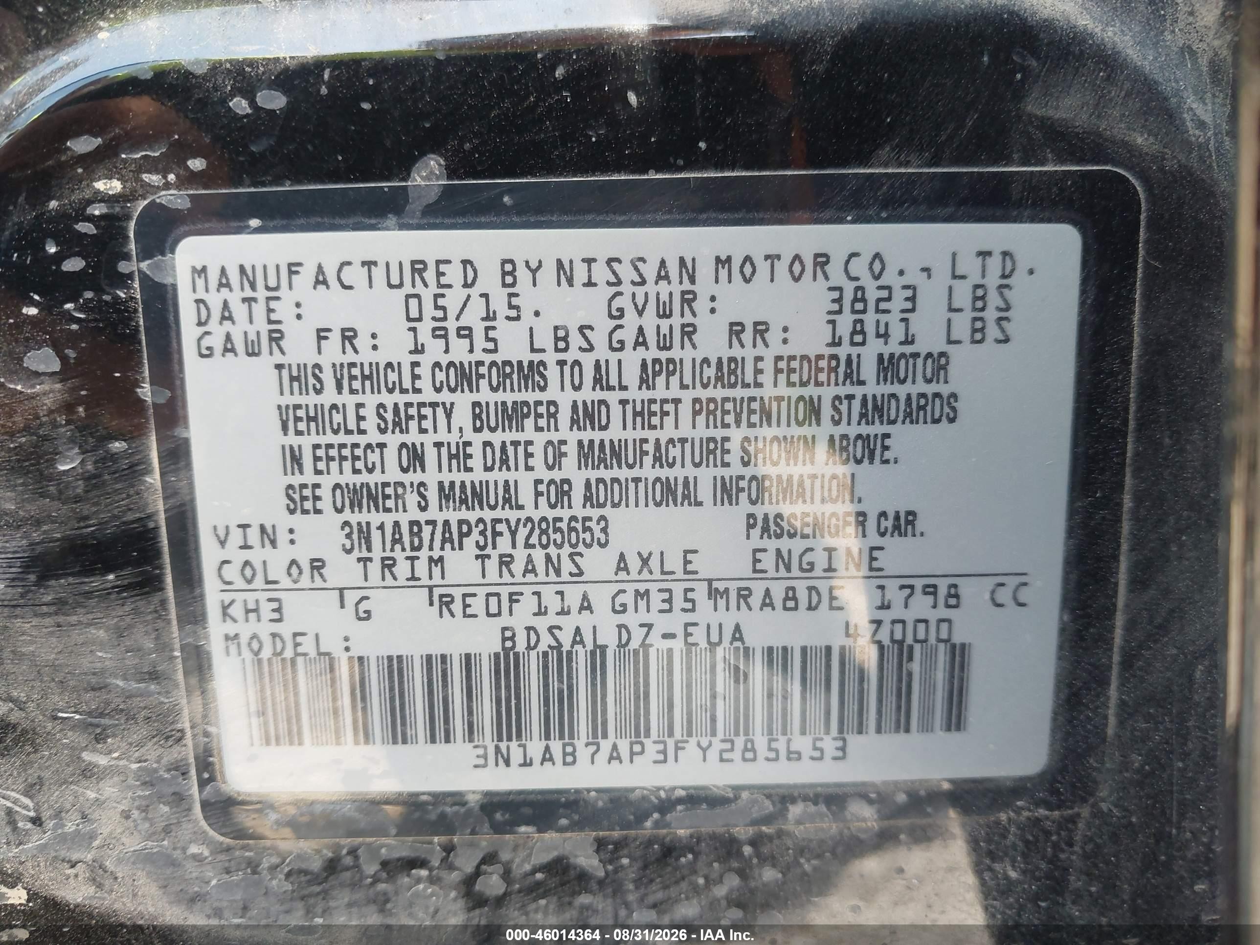 2015 Nissan Sentra Sv Black vin: 3N1AB7AP3FY285653