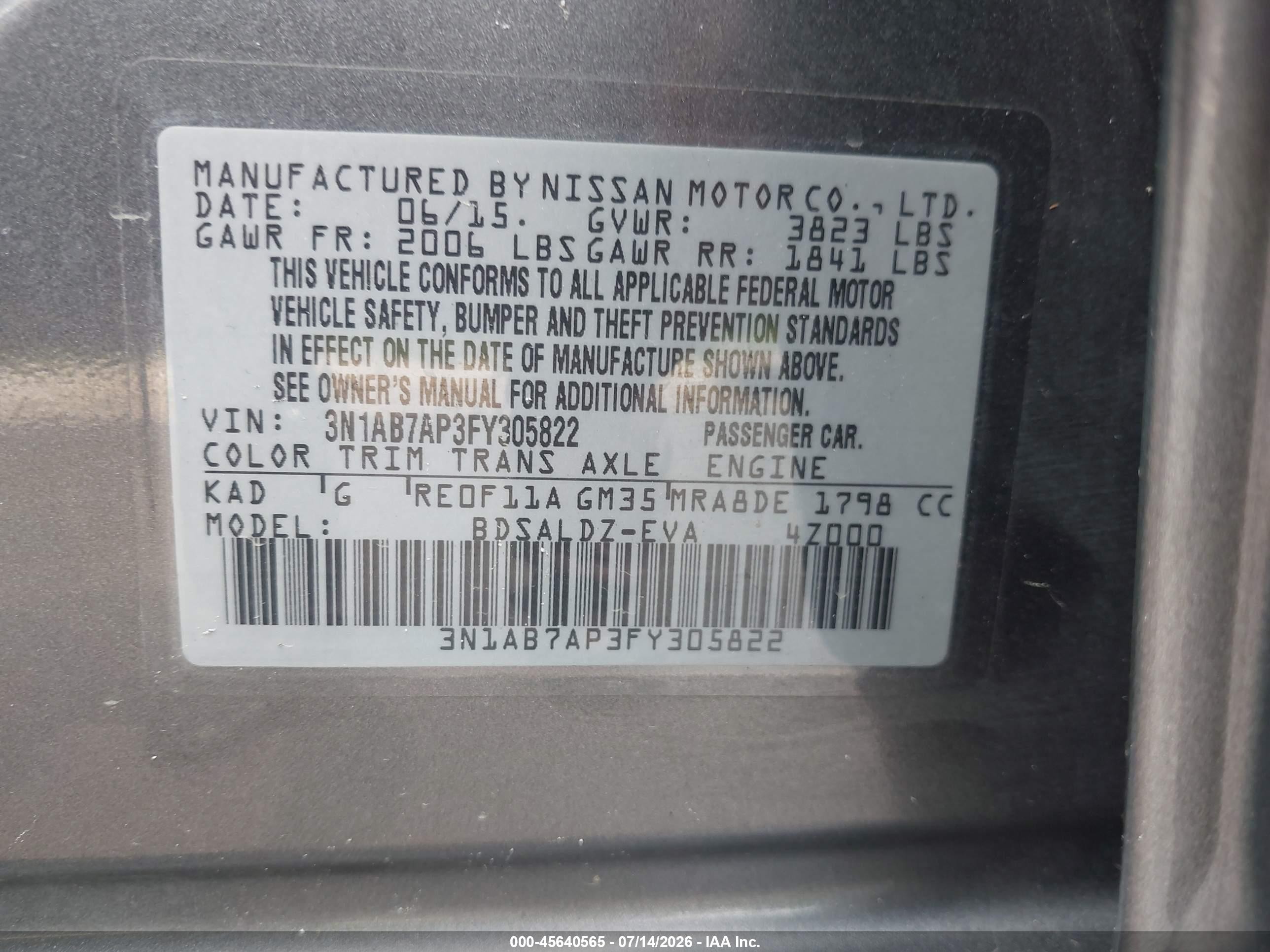 2015 Nissan Sentra Sv Gray vin: 3N1AB7AP3FY305822